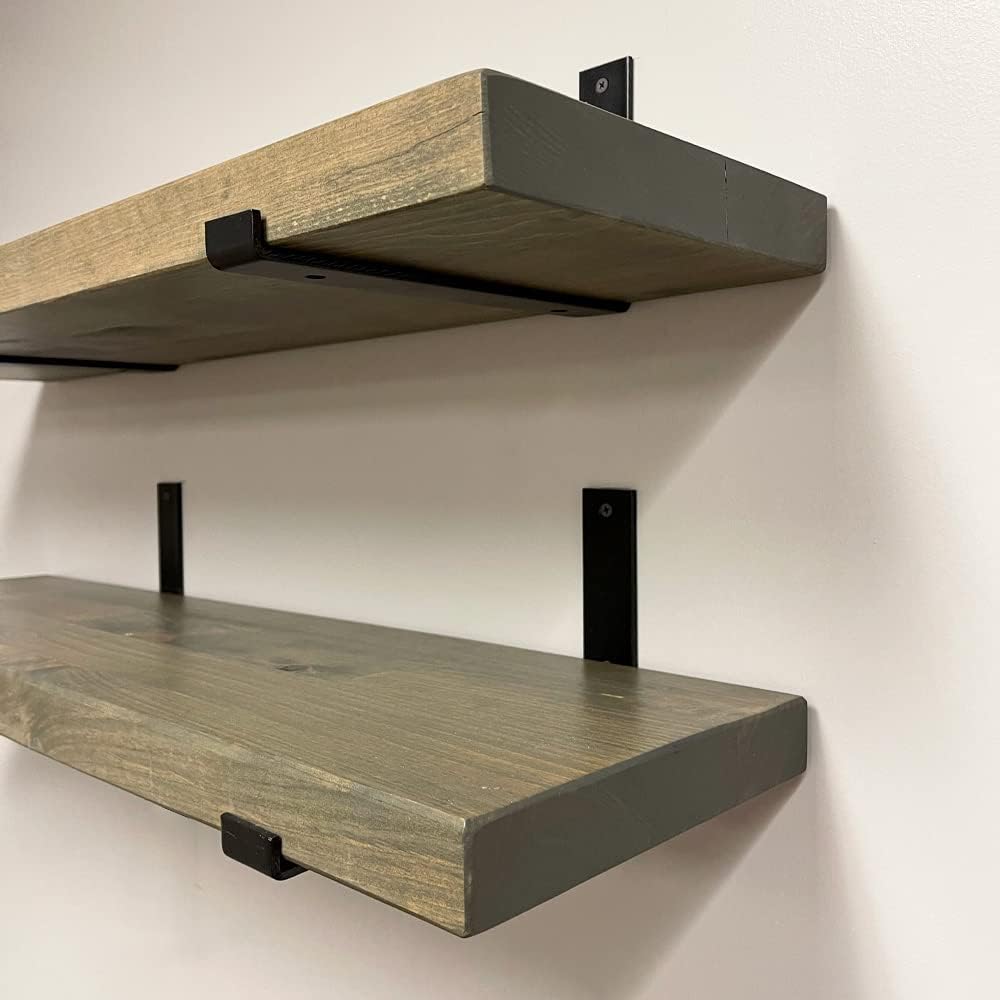 Rustic Shelves with J-Brackets Set of 2, Industrial Shelf, Kitchen Shelves, Solid Wood, Decorative Wall Storage, Heavy Duty, URBANDI (Grey, 24Wx8D)