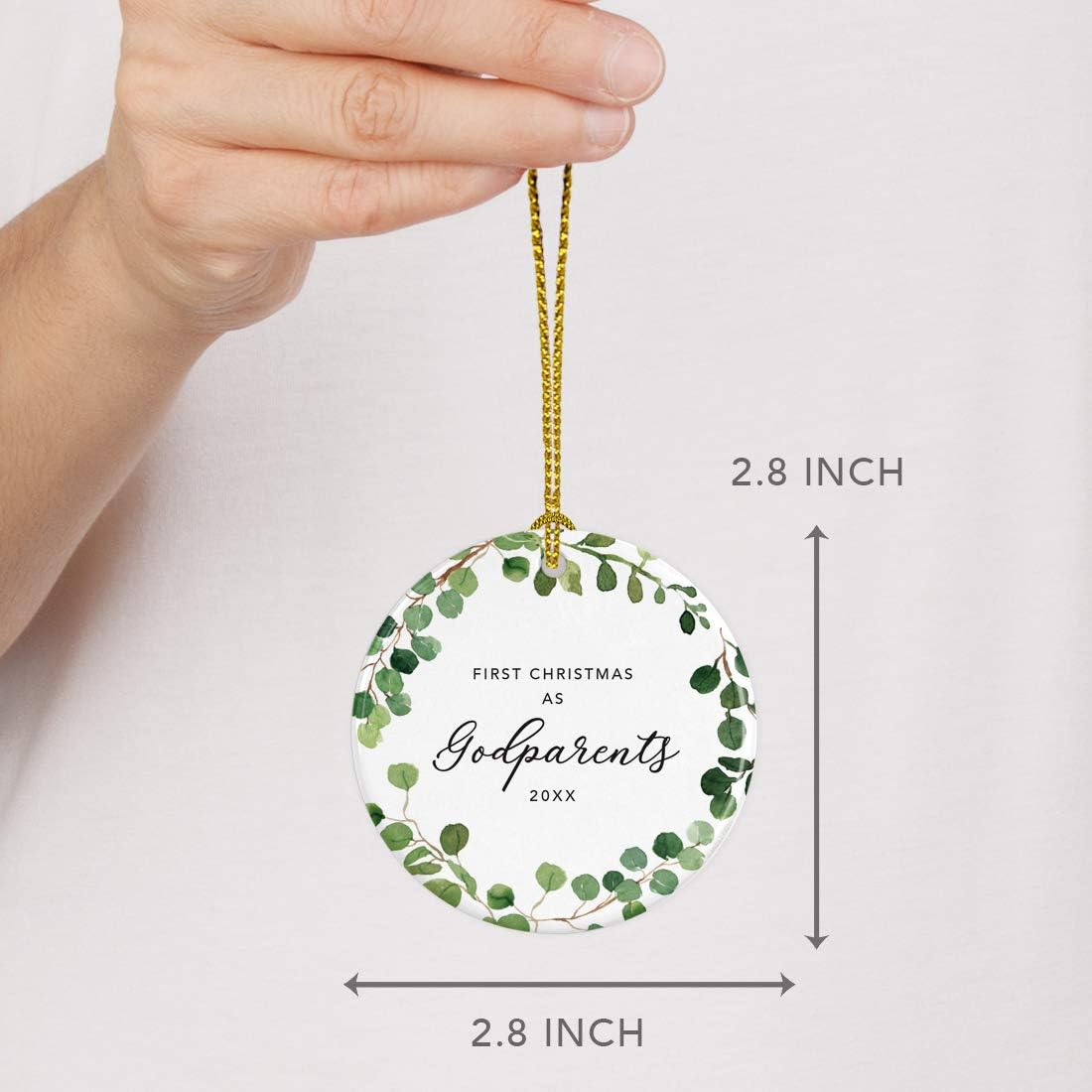 Andaz Press Custom Year Round Ceramic Porcelain Christmas Tree Ornament Keepsake Collectible Gift, First Christmas as Godparents 2025, Farmhouse Eucalyptus Wreath, 1-PackNew