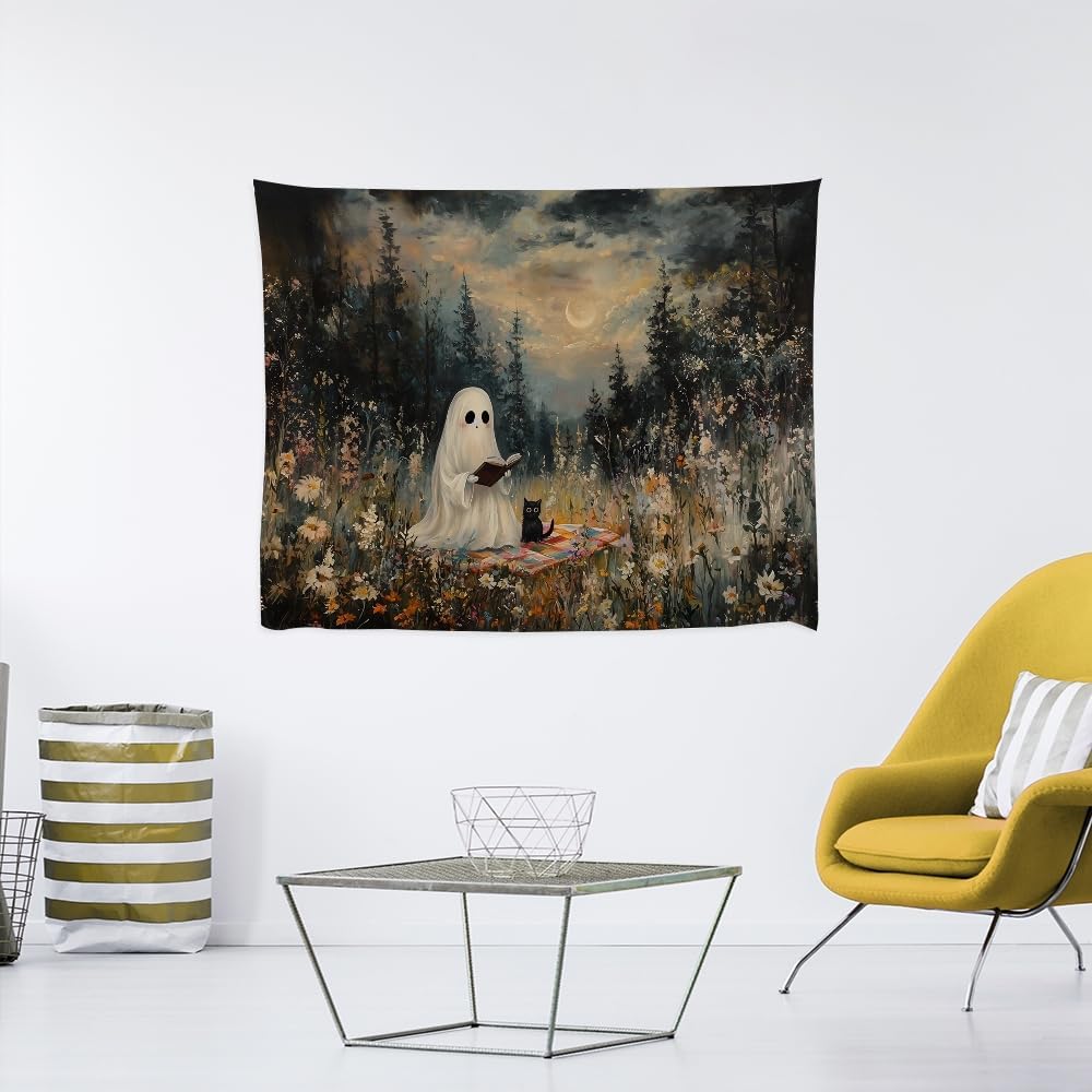 Halloween Ghost and Black Cat Tapestry Wall Hanging Spooky Ghos Reading Book in Wildflowers Wall Decor Halloween Witchy Room Aesthetic Tapestries for Goth Living Room Bedroom Decoration 40x60inch