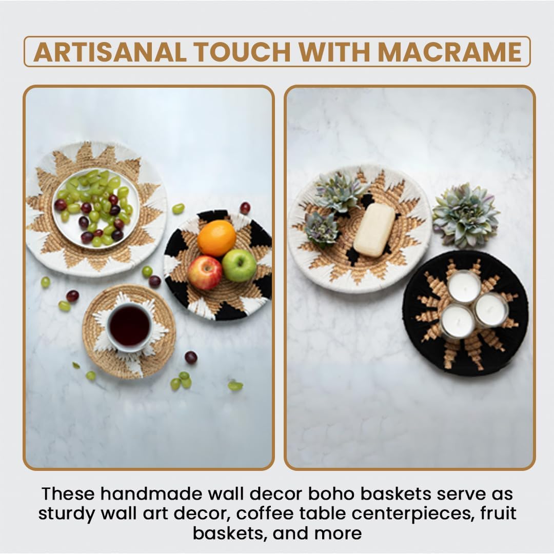 Tebie At Home Boho Wall Art - Boho Wall Baskets Decor - Handmade Set of 5 Woven Baskets With Seagrass - Flat Elegant Art for Farmhouse and Rattan Decor for Living Room, Bedroom and Office