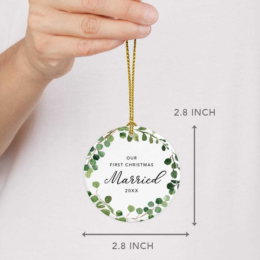 Andaz Press Custom Year Round Ceramic Porcelain Christmas Tree Ornament Keepsake Collectible Gift, Our First Christmas Married 2025, Farmhouse Eucalyptus Wreath, 1-PackCouple