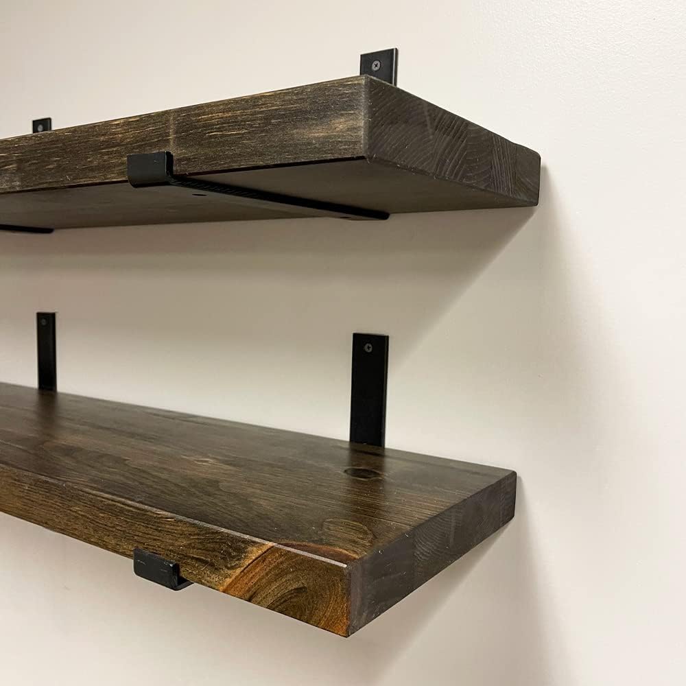 Rustic Shelves with J-Brackets Set of 2, Industrial Shelf, Kitchen Shelves, Solid Wood, Decorative Wall Storage, Heavy Duty, URBANDI (Dark Brown, 24Wx6D)