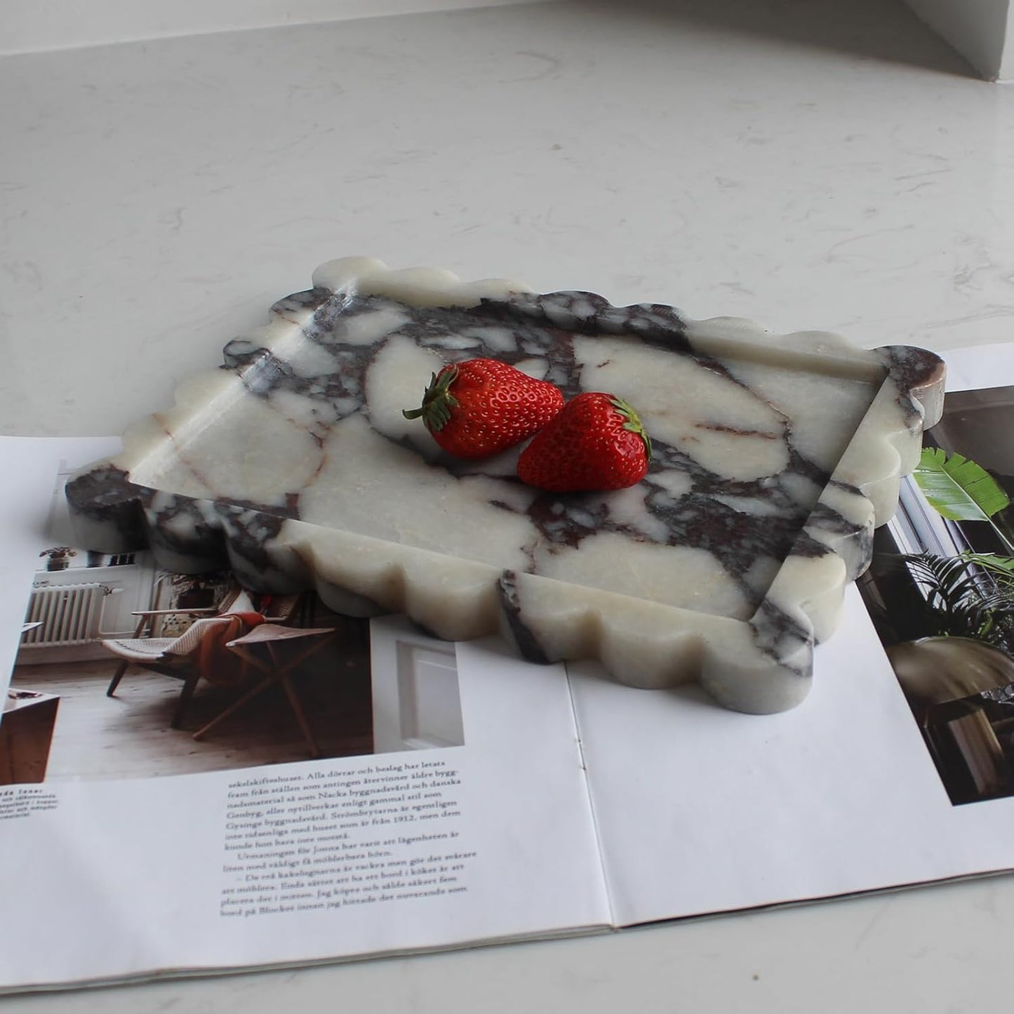 Natural Luxury Scalloped Marble Tray 10.8"x8", Rectangle Vanity Tray for Bathroom Kitchen Counter, Decorative Tray for Dresser Home Decor (calacutta Purple)