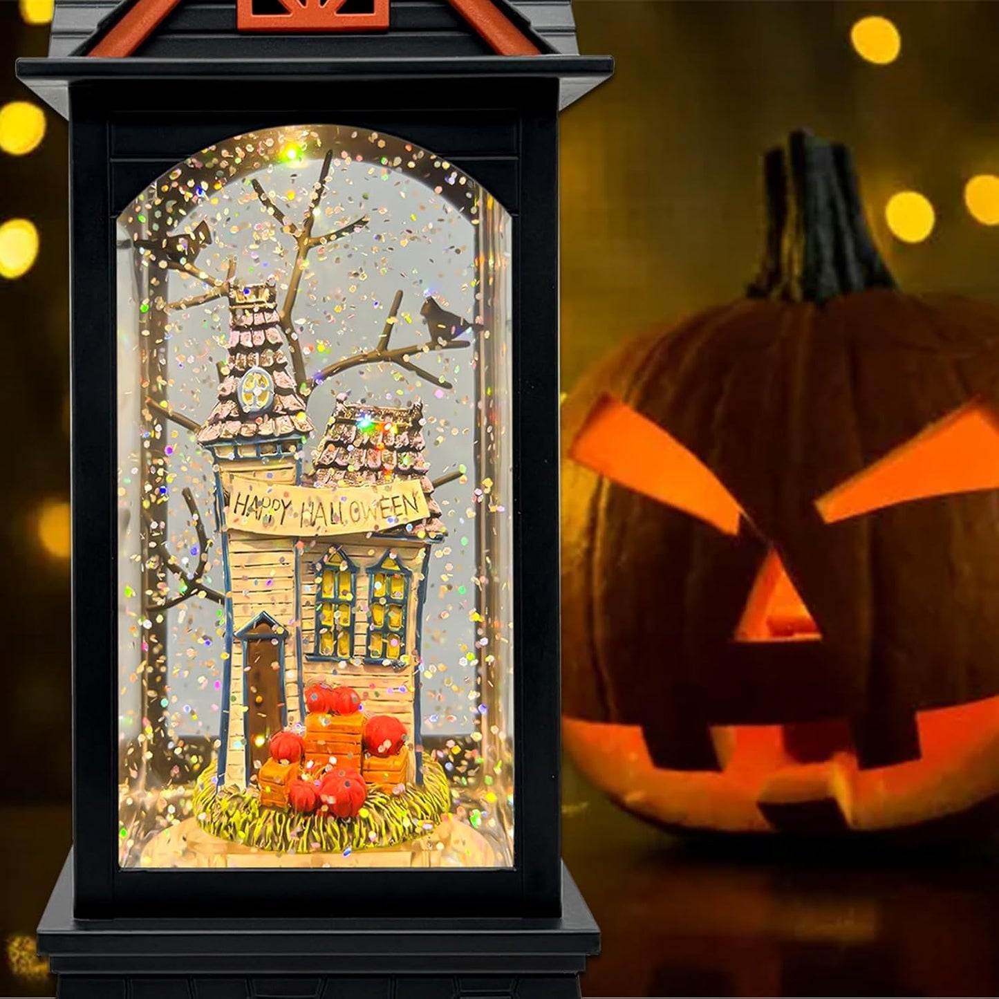 Halloween Snow Globe Lantern with 6 Hour Timer,Halloween Decorations Indoor for Home,Halloween Decor,USB or Battery Powered for Halloween Lanterns,Halloween Spooky Town