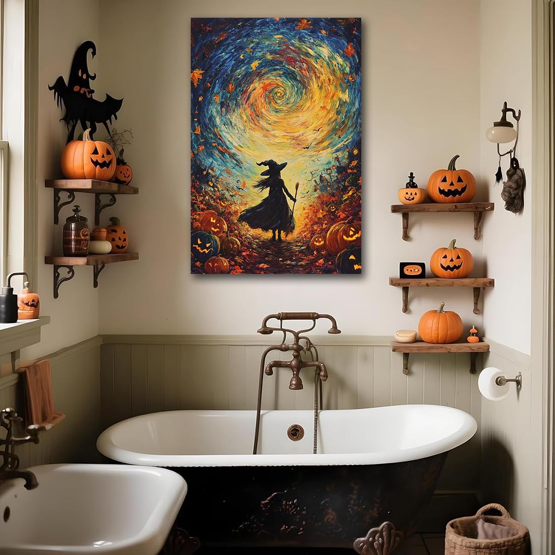 Halloween Autumn Witchy Decor Wall Art Prints,Gothic Witch in Whirlwind Autumn with Pumpkins Scene Pictures Poster,Fall Festival Home Decor Painting Canvas Poster for Bedroom Bathroom,24"x36" Unframed