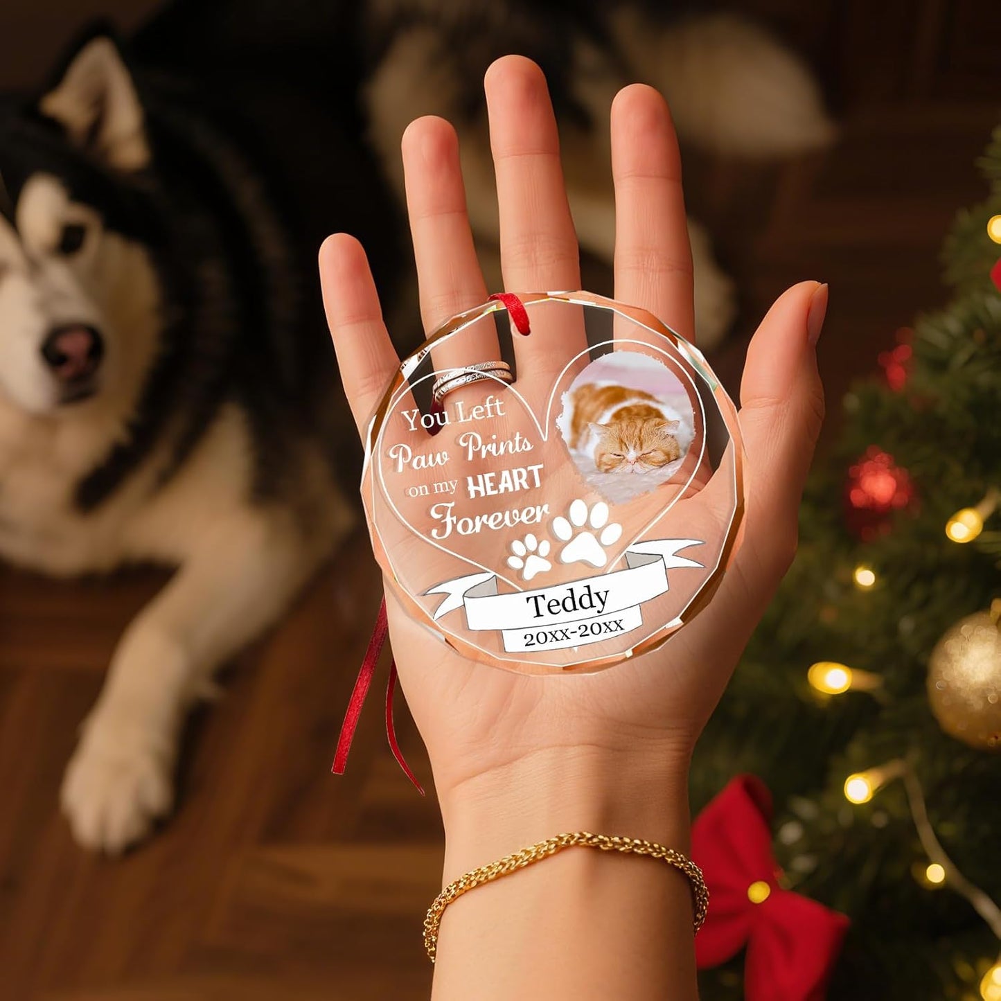Personalized Memorial Pet Glass Ornament - Custom Picture Christmas Ornaments, Dog Forever in Our Hearts Hanging Ornament Xmas Tree Decor for Dog Lovers