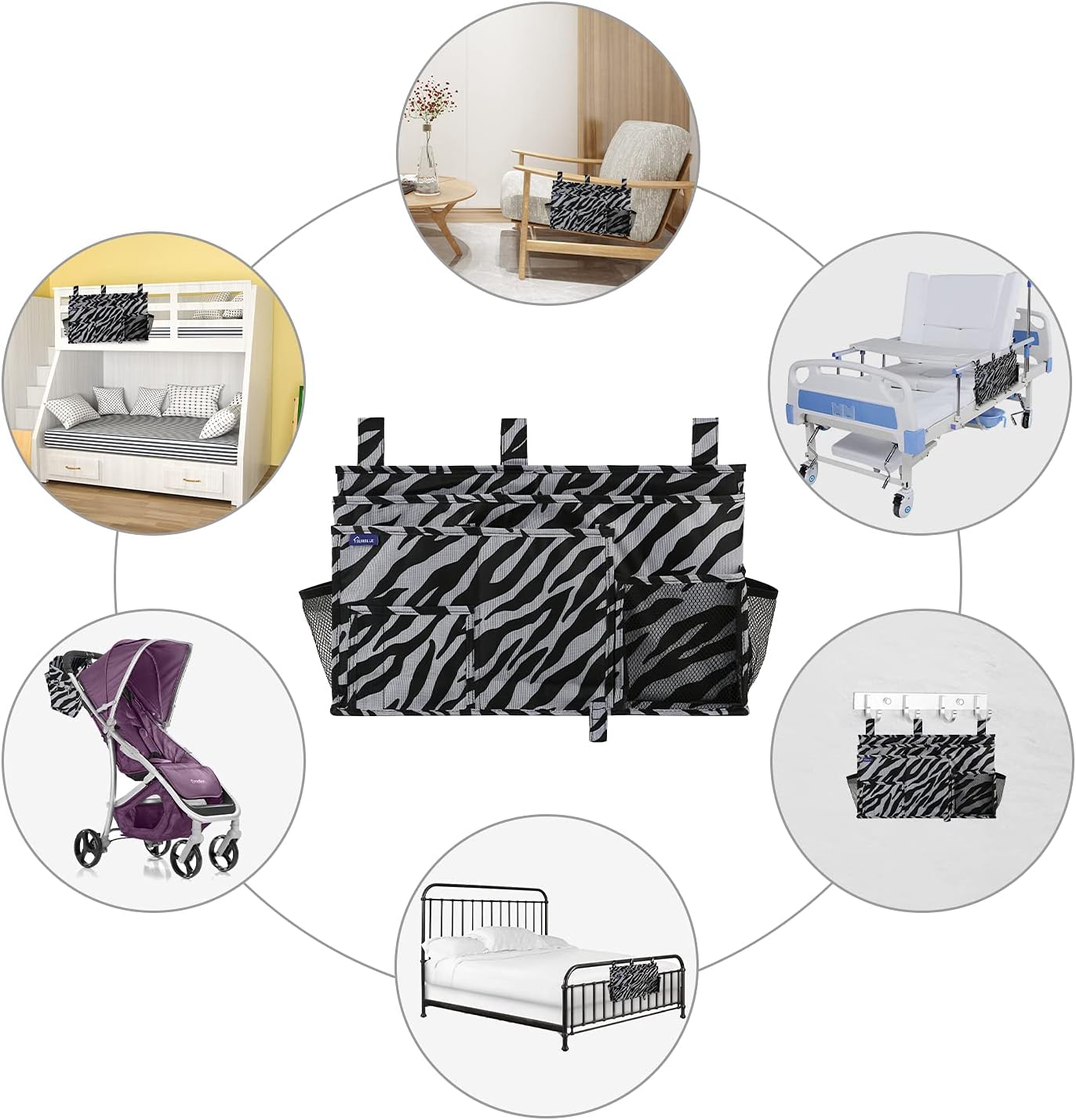Surblue Bedside Caddy Hanging Organizer Storage Bag Pocket for Bunk, Hospital, College Dorm Rooms, Baby Bed Rails, Camp - 8 Pockets (Large, Zebra)