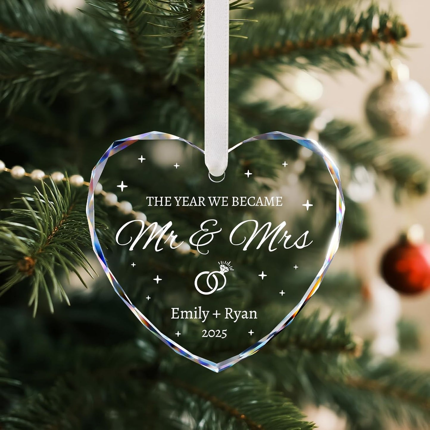 Wedding Gifts for Couples 2025 - Mr and Mrs Ornament 2025 - Bridal Shower Gifts, Just Married Gift for Bride, Newlywed, Future Mr & Mrs, Her - Crystal Glass Christmas Ornaments