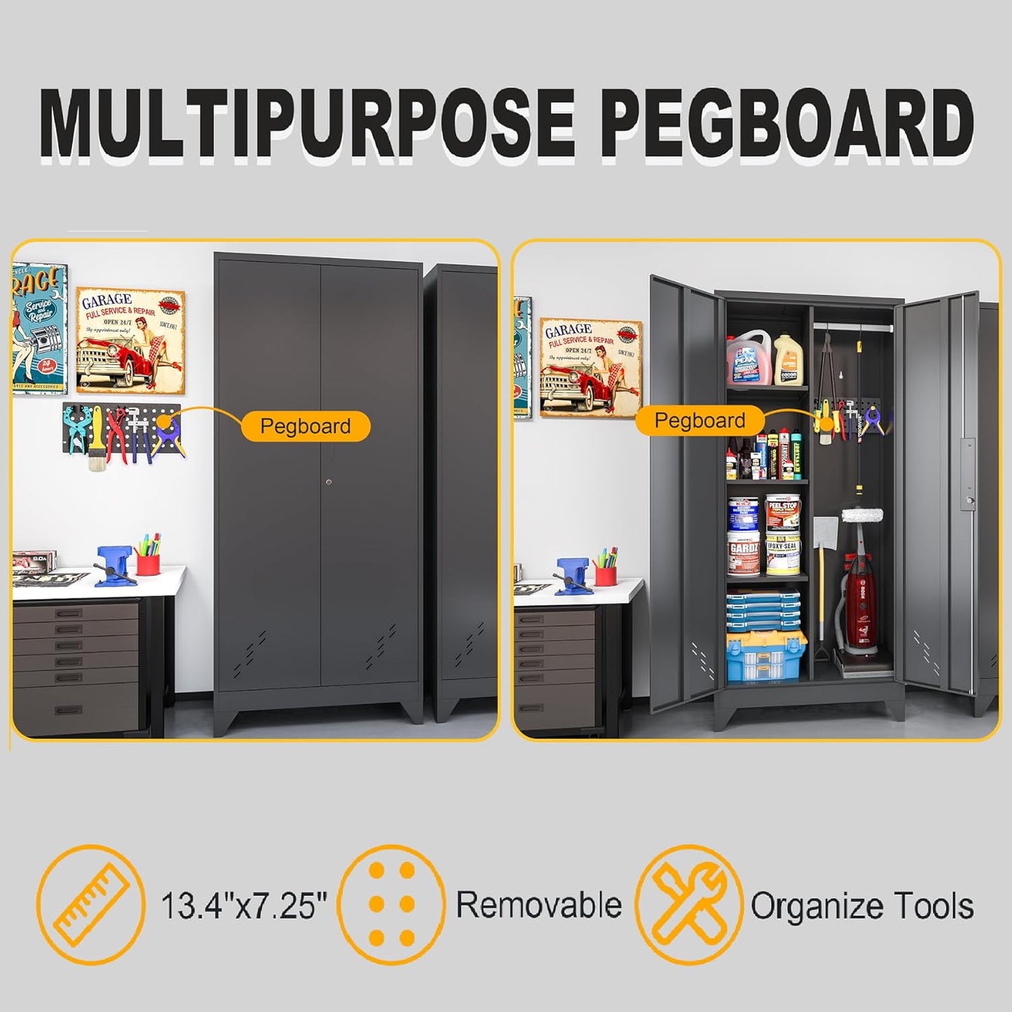 61" H Metal Storage Cabinet, Utility Cabinets with Locking Doors, Laundry Cabinet with Hanging Rod, Garage Tool Storage Cabinets for Home Office, Garage, Bathroom (Black)