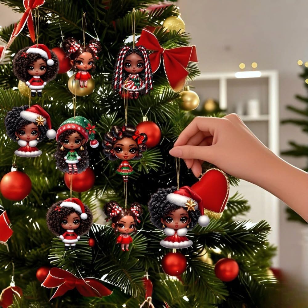 16pcs African American Black Chibi Girl Ornaments - Xmas/Christmas Wooden Decor, Gift Boxed for New Year/Carnival | Home/Window/Tree/Office/Classroom/Wine Bottle Party Deco, Black Heritage Pendants