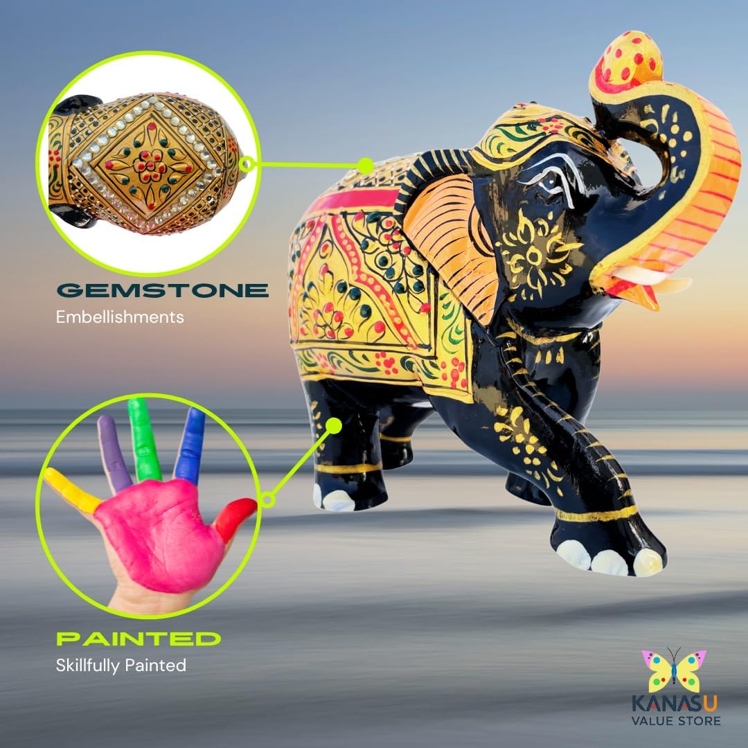 Handcrafted Wooden Elephant Figurine ā Traditional Artwork, Gold & Gemstone Embellishments ā Lucky Decorative Elephant Statue for Prosperity | Beautiful Elefantes Decorativos para Sala (Black & Gold)