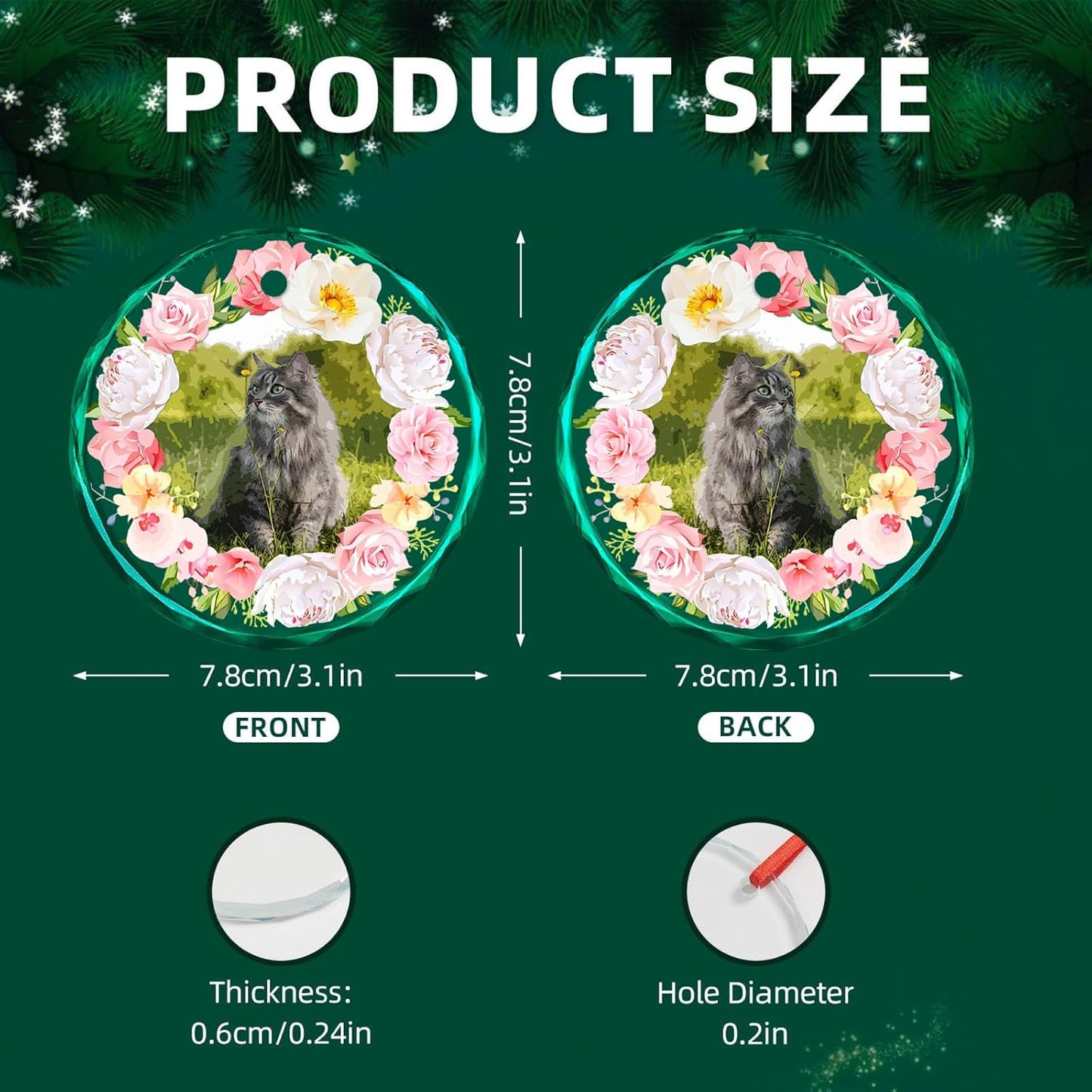 Personalized Christmas Ornaments, Custom Glass Ornament with Photo,Customized Christmas Tree Decor Gifts for Pet, Dad, Mom, Him, Her, Flower Wreath