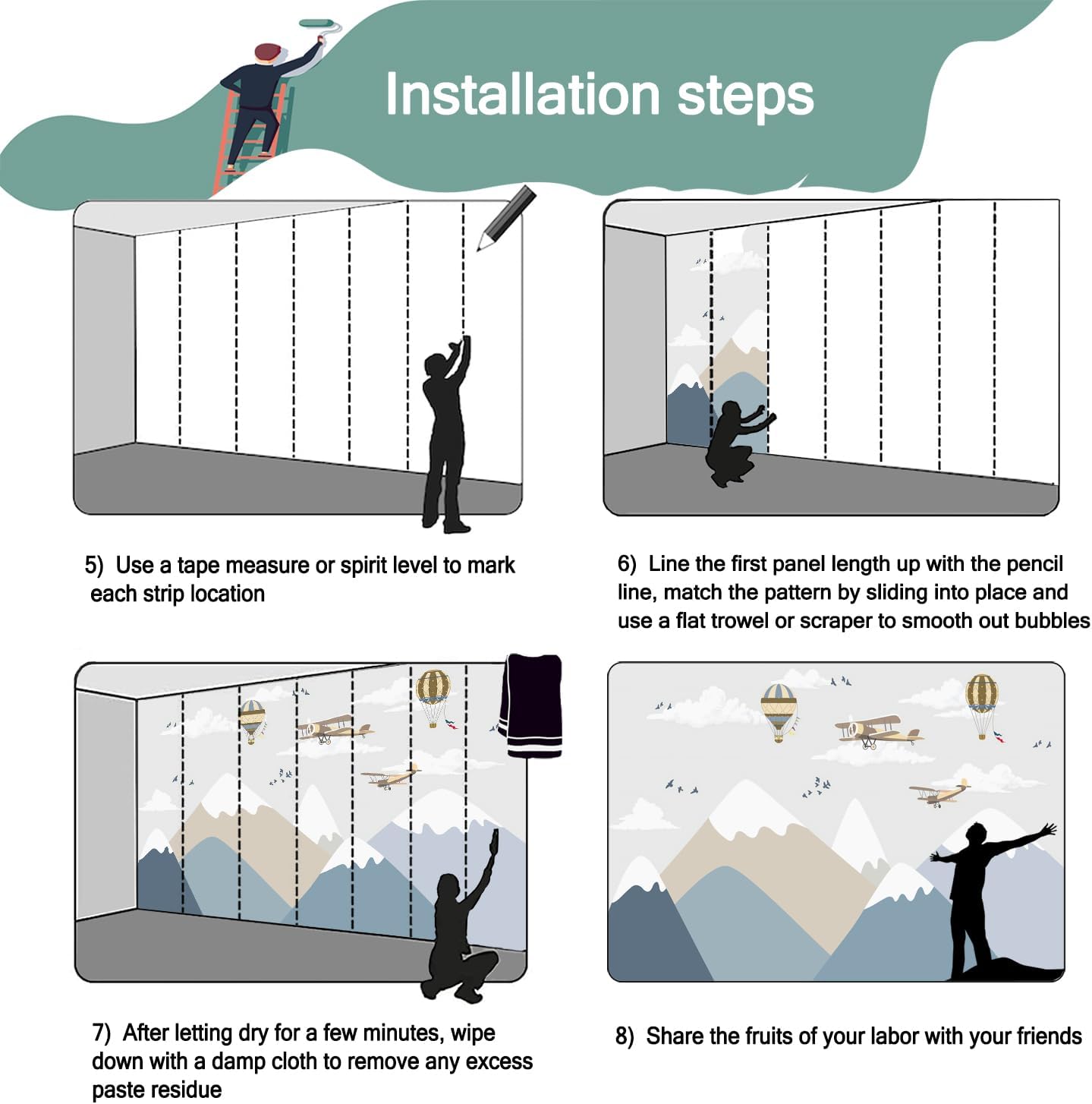 -Children's Room Cartoon Balloon Mountain Fabric Wallpaper Nursery Mural 140" x 91" (Not Peel and Stick)