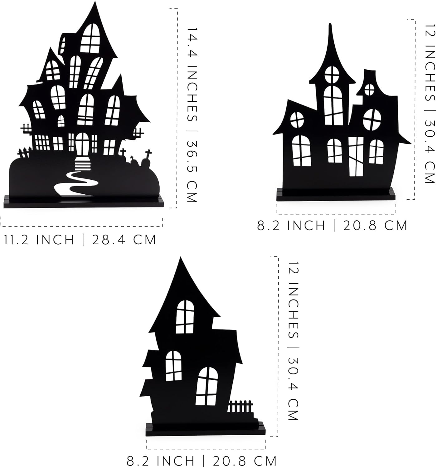 AuldHome Design Spooky Halloween House Village Silhouettes (Set of 3); Scary Haunted House Wood Statue Figurines Centerpiece Set