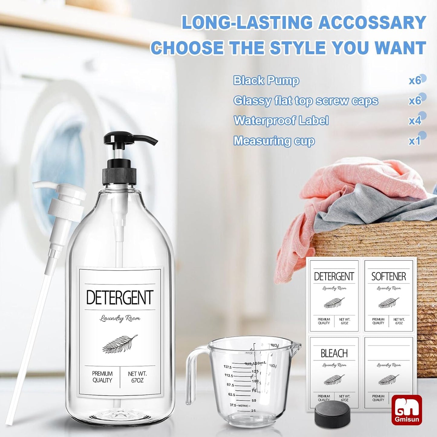 GMISUN Laundry Detergent Soap Dispenser, Liquid Laundry Detergent Dispenser, Container for Farmhouse Laundry Room Decor, Organizer for Liquid DetergentSoftenerBleach Storage Bottle(67 Oz Set of 3)