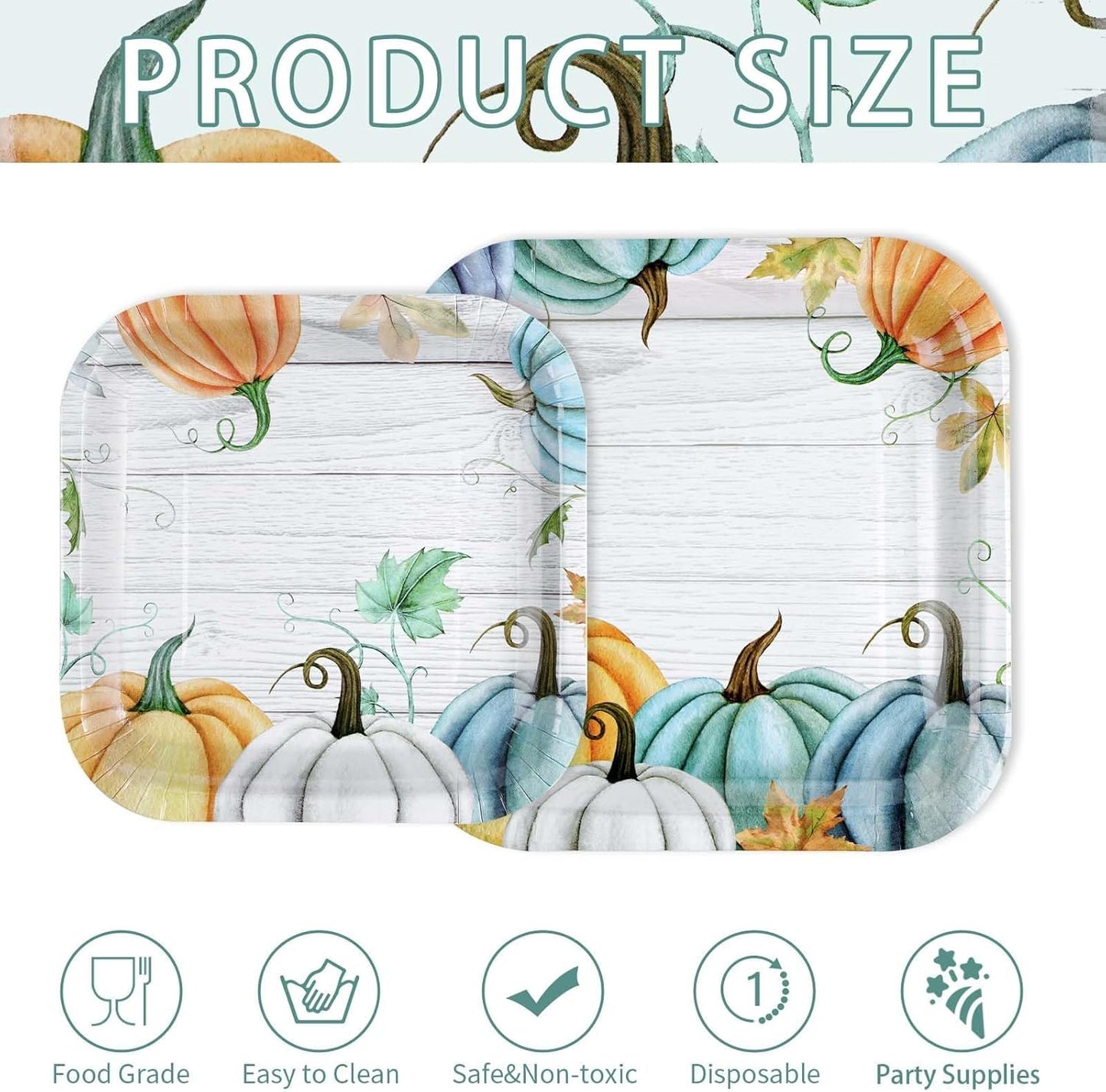 Grencian 200Pcs Fall Plates and Napkins Square Blue Pumpkins Plate Thanksgiving Paper Plates Pumpkin Wood Grain Dinnerware for Baby Shower Fall Harvest Family Thanksgiving Party Decorations, Serves 50