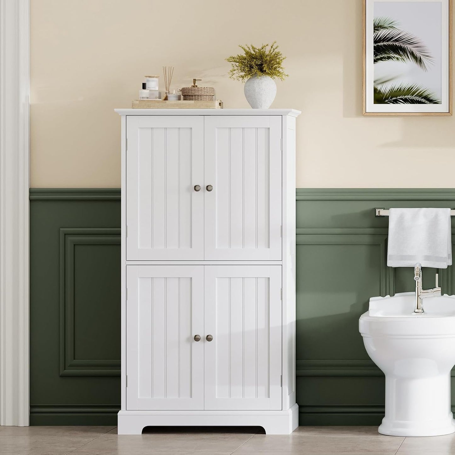 ChooChoo Bathroom Floor Cabinet, Modern Bathroom Storage Cabinet with 4 Doors and Adjustable Shelves, Freestanding Cupboard for Living Room, White