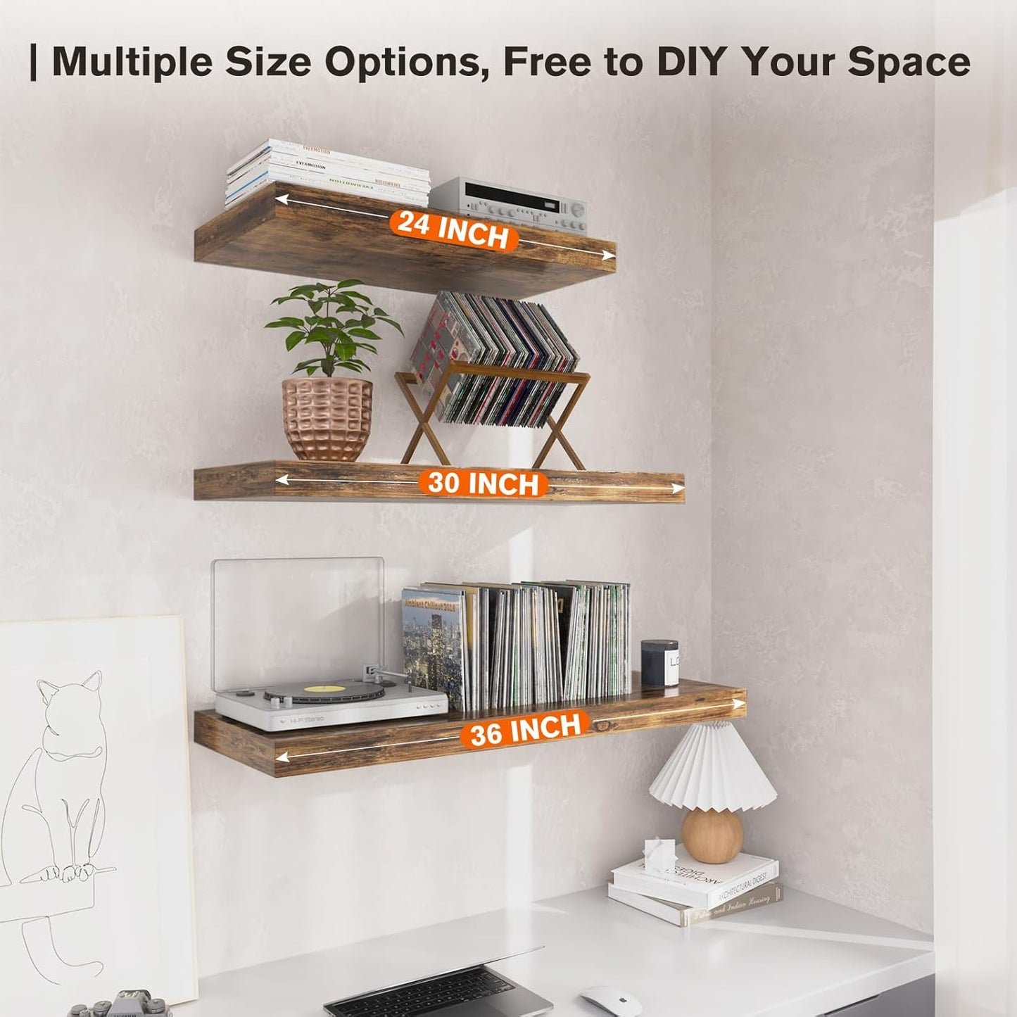 Floating Shelf, Set of 2 Wall Shelf, 36 in W x 12.75 in D x 2 in H Wooden Floating Wall Shelf with Invisible Brackets for Living Room/Bedroom/Bathroom/Kitchen Storage and Decor, Rustic Brown