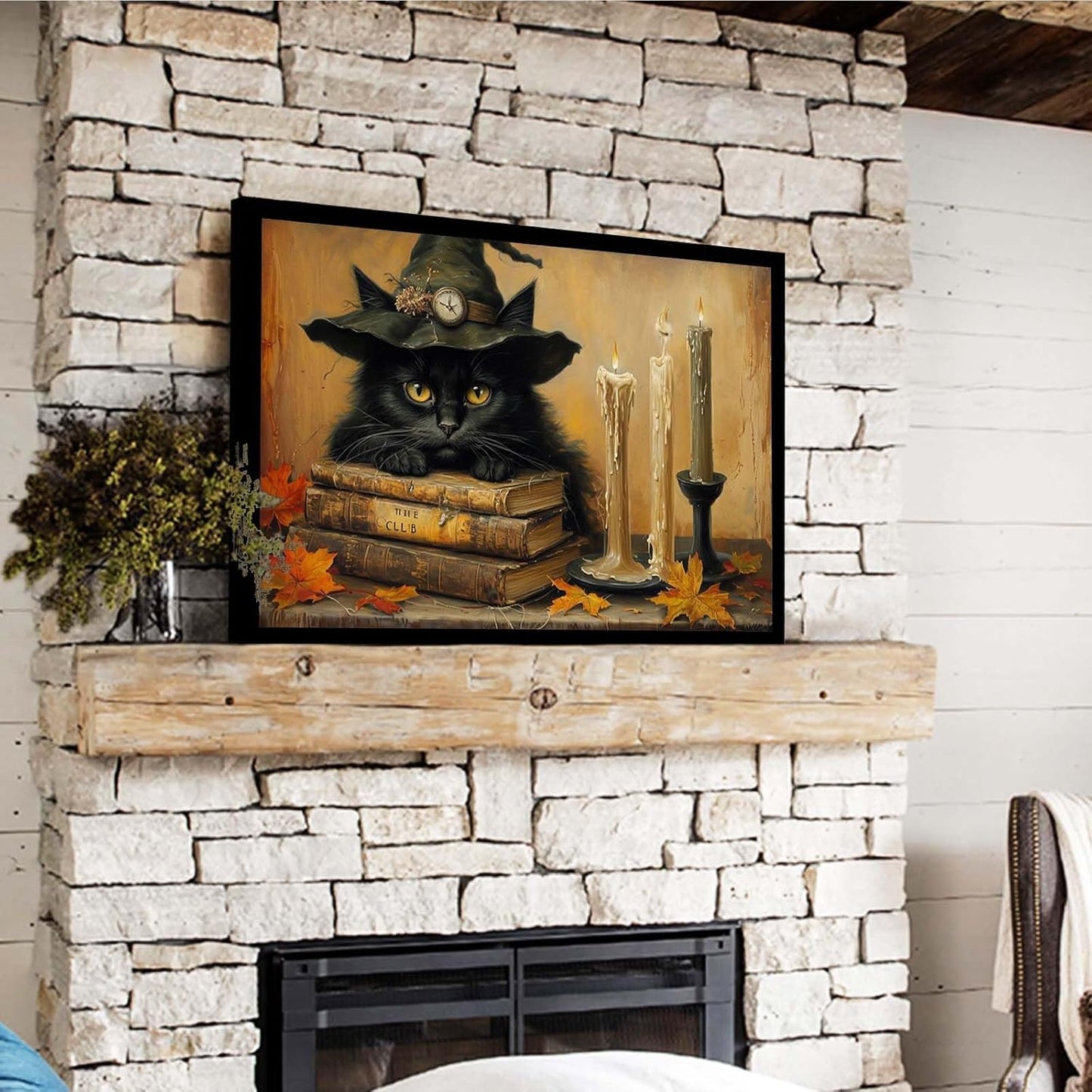 JFHCQJPK Vintage Halloween wall decoration black cat and magic book suitable for home bedroom living room decoration dark classic art witch wall decoration24x36in Metal blackFramed