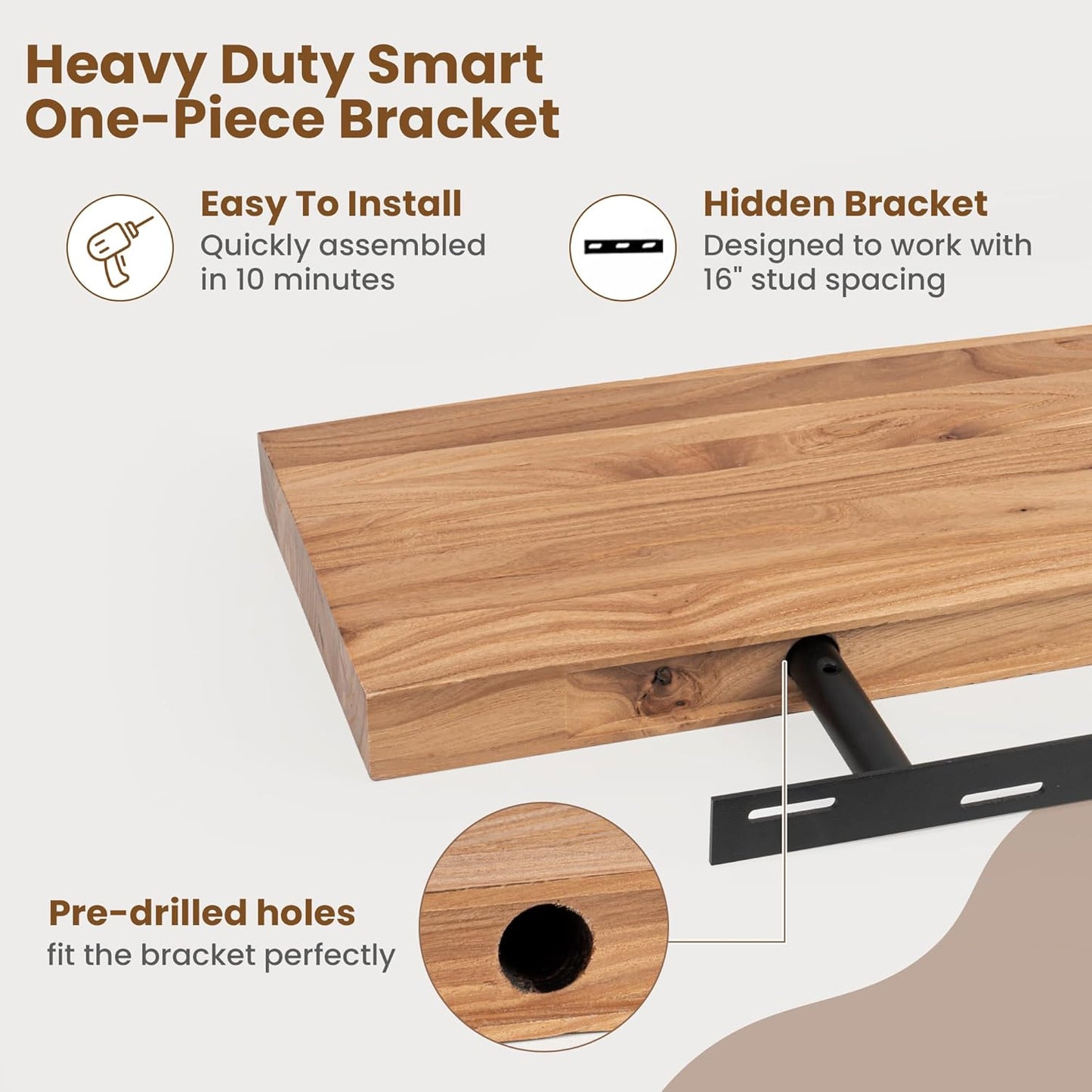 Floating Shelves for Wall Decor, Rustic Solid Elm Wood Floating Shelves Wall Mounted, Wall Shelves with Invisible Bracket for Living Room Bathroom Bedroom Kitchen, 24 Inch Set of 2, Natural