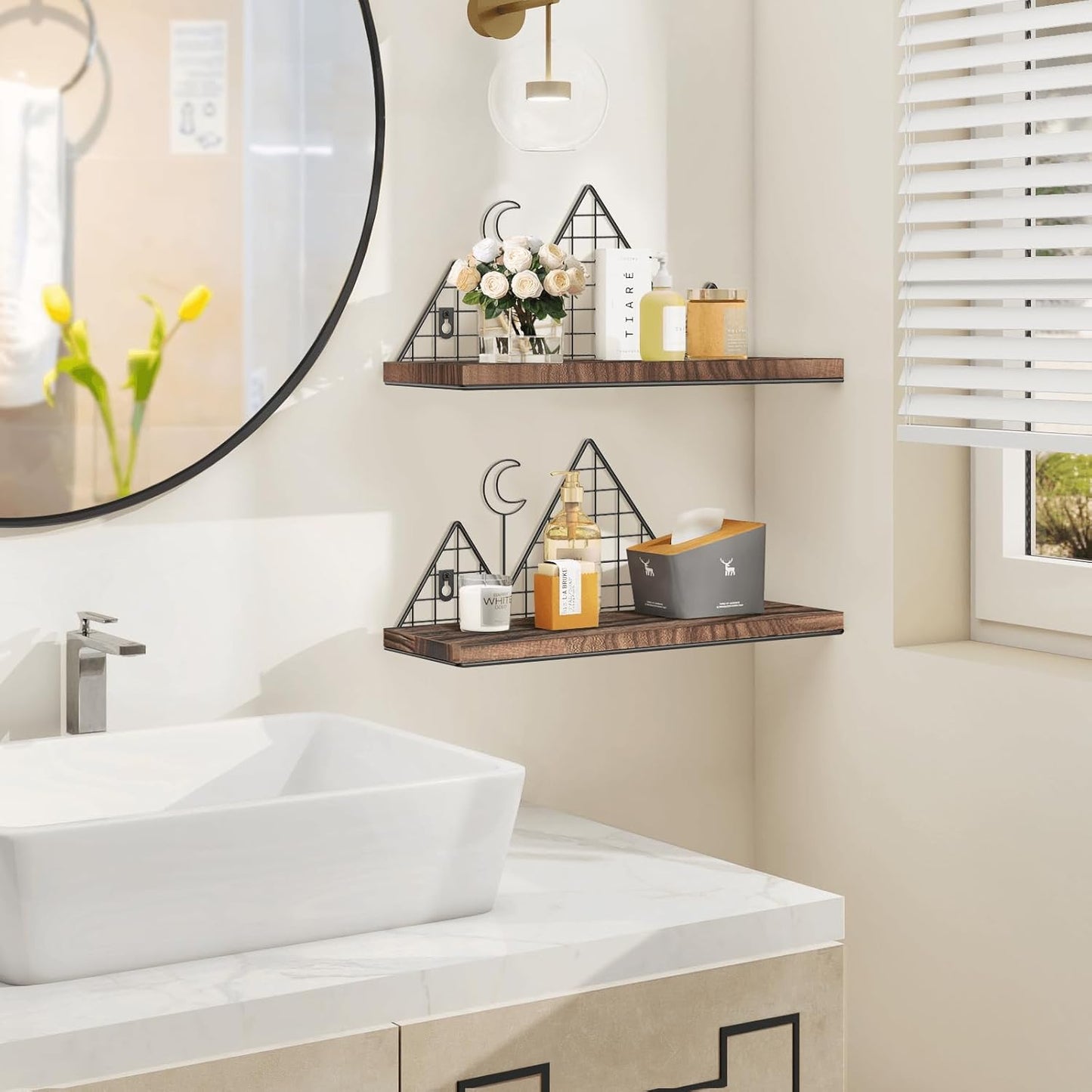 Homode Floating Shelves, Set of 2 Mountain Wall Shelves, Rustic Wood Display Storage Shelf with Metal Wire, Geometric Decor for Bathroom, Nursery, Bedroom, Office, Brown and Black