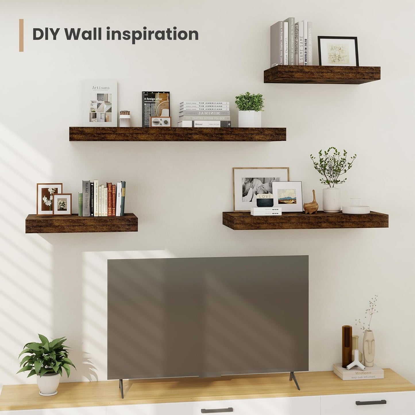 Heimlove 12" Deep Floating Shelves, 36 x 12 Inch Wall Mounted Long Floating Shelf with Invisible Brackets, for Home Decor, Bedroom, Kitchen, Living Room, Bathroom - 2 Pack, Rustic Brown
