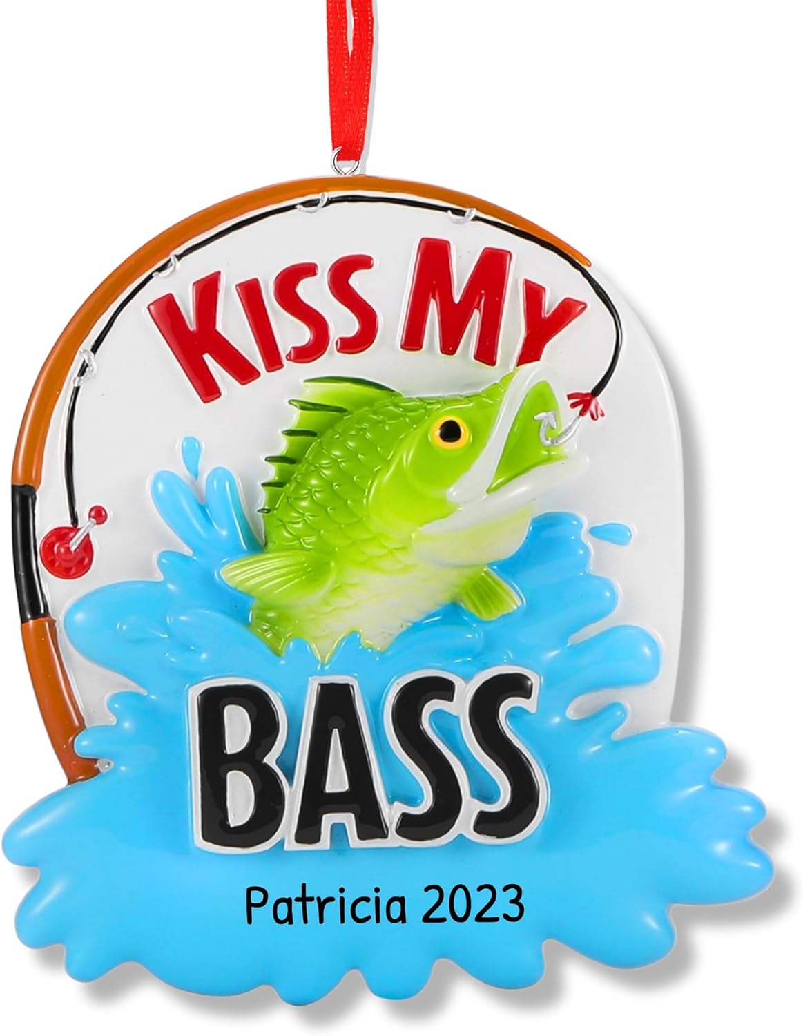 Ornaments by Elves - Personalized Kiss My Bass Christmas Tree Ornaments 2024 - Pole Caught Big Green Bass Boat in Lake Grandfather Father Brother Son Hanging Decor in a Giftable Packaging
