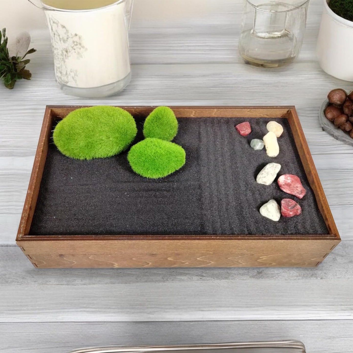 Wooden Stackable Zen Garden | Moonless Night Sand with Rake & Accessories | Minimalist Decor Gift for Relaxation