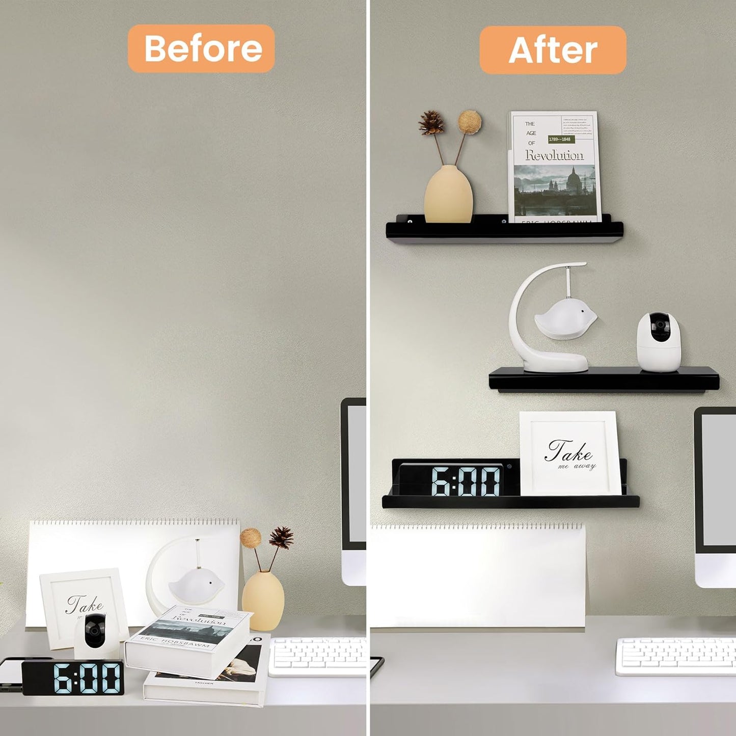 upsimples Acrylic Shelves for Wall Decor, 15" Display Shelf Perfume Organizer for Bathroom, Bedroom, Living Room, Floating Bookshelves for Kids, Black, 2 Pack