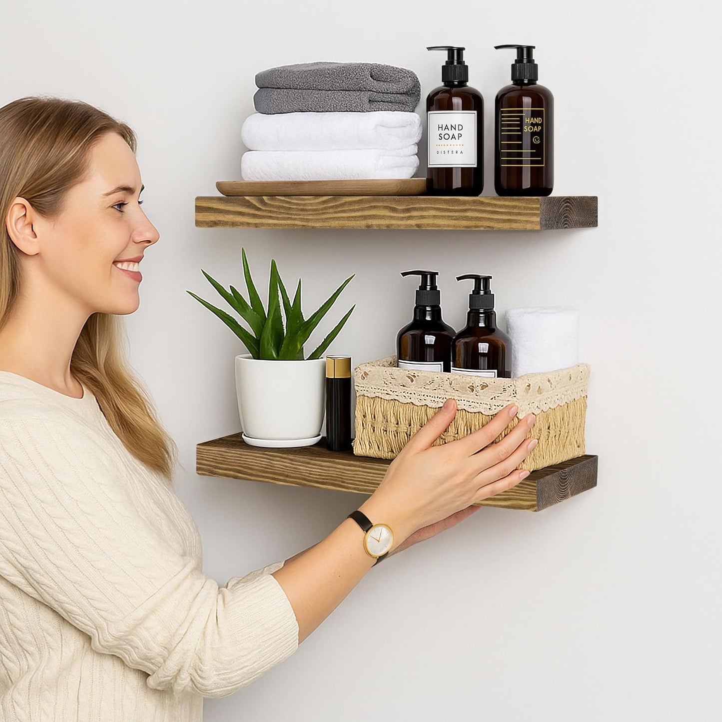 BGMG Wood Floating Shelves for Wall 18 inch Set of 2, Rustic Wooden Wall Mount Shelves for Bathroom Living Room Bedroom Kitchen Farmhouse Set of 2-18x 6.7 x1.25 inch- Walnut Color