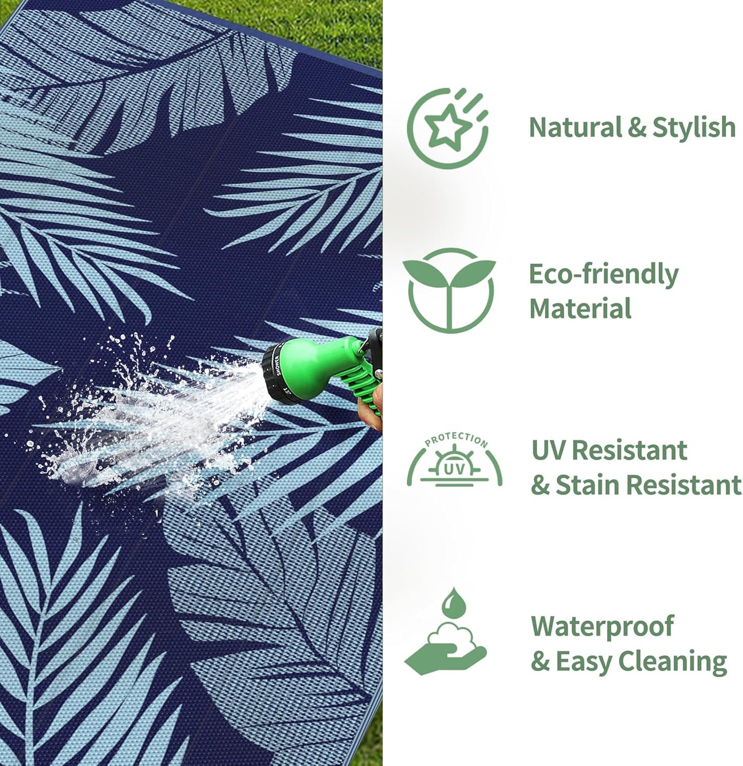 GENIMO Outdoor Rug 8' x 10' Waterproof for Patios Clearance, Reversible Outdoor Plastic Straw Camping Rug Carpet, Large Area Rugs Mats for RV, Camper, Deck, Balcony, Porch, Beach, Navy Blue&Baby Blue