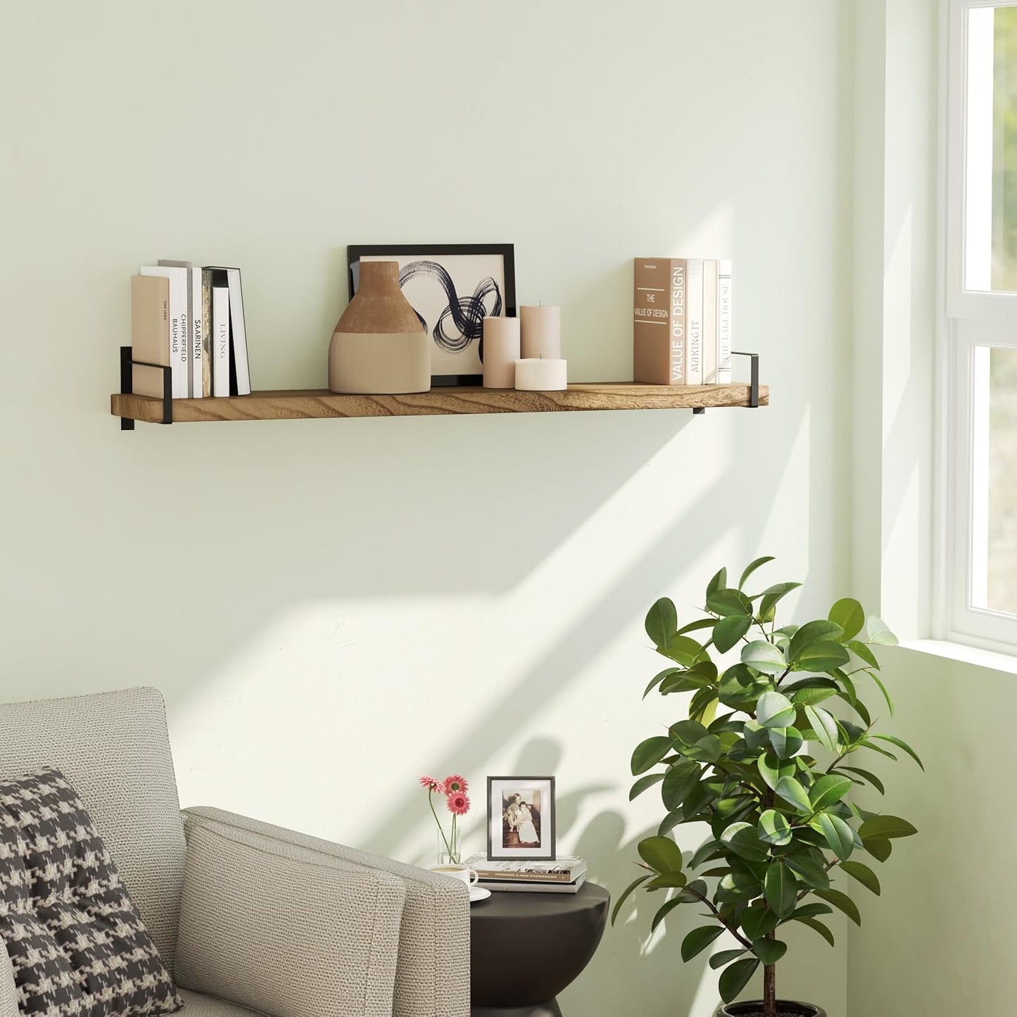 Wallniture Toledo 48 inch Floating Shelf with Heavy Duty Bookend Brackets, Wooden Shelves for Wall, 1pc, Burnt Finish