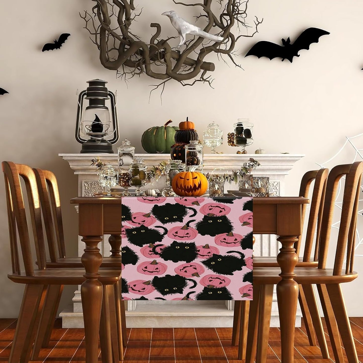 Halloween Table Runner Black Cat Pink Pumpkins Seasonal Kitchen Dining Table Home Outdoor Party Decorations 13x48 Inch