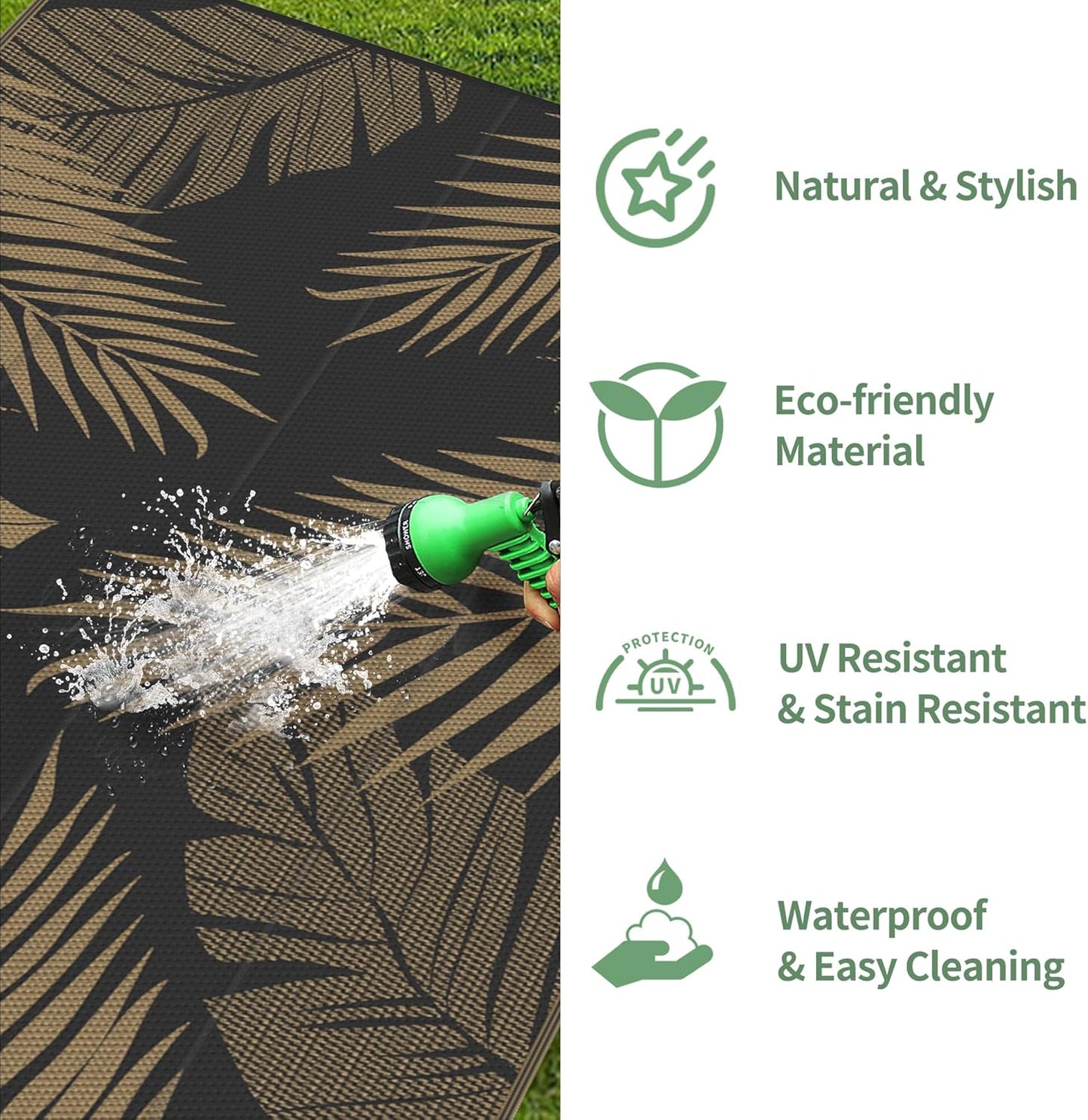 GENIMO Outdoor Rug 6' x 9' Waterproof for Patios Clearance, Reversible Outdoor Plastic Straw Camping Rug Carpet, Large Area Rugs Mats for RV, Camper, Deck, Balcony, Porch, Beach, Picnic, Black&Brown