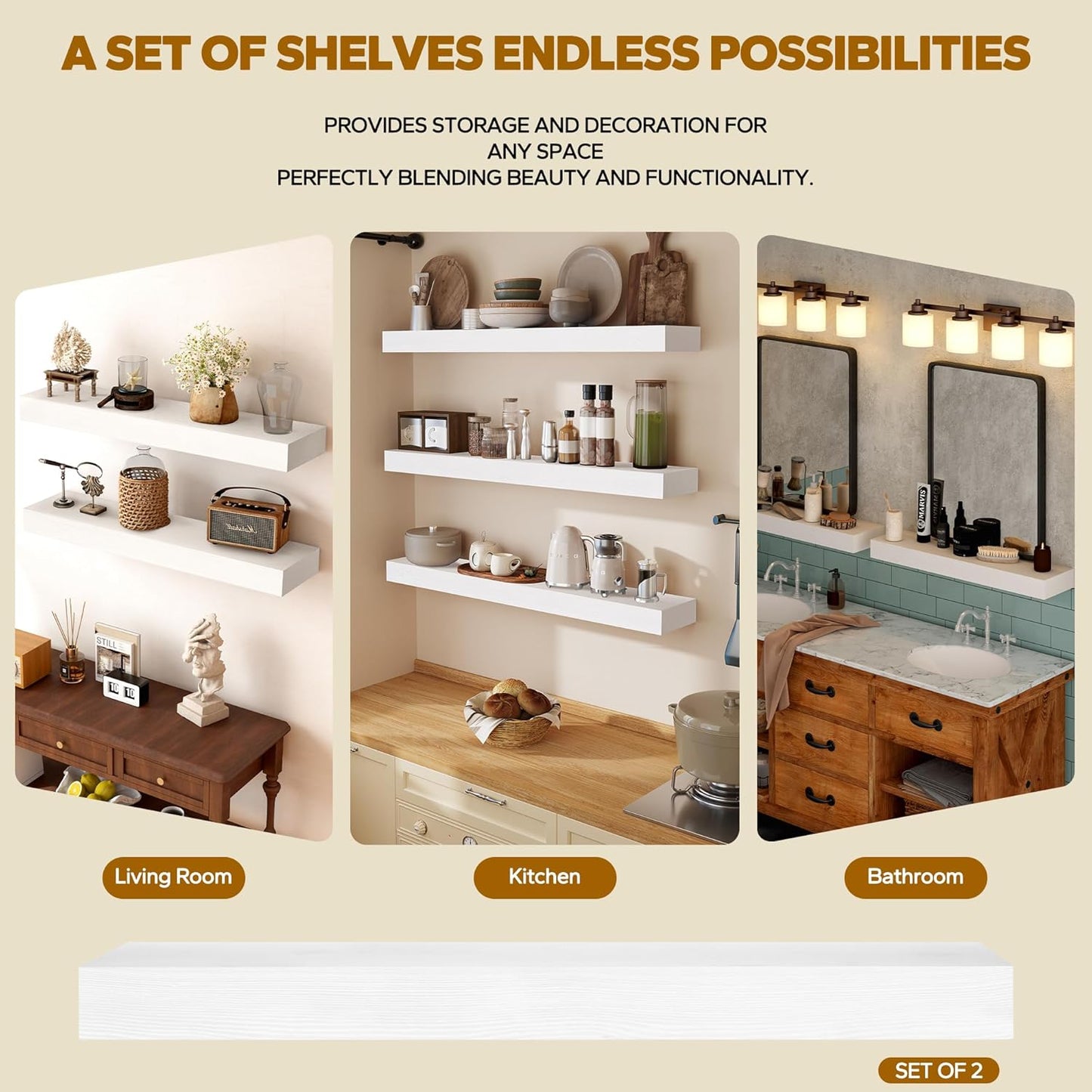 Floating Shelves 3 inch Thick for Wall Set of 2,Solid Pine Wood Wall Mount Shelf for Kitchen Living Room Bedroom Bathroom,8" D x 60" L x 3" H-White