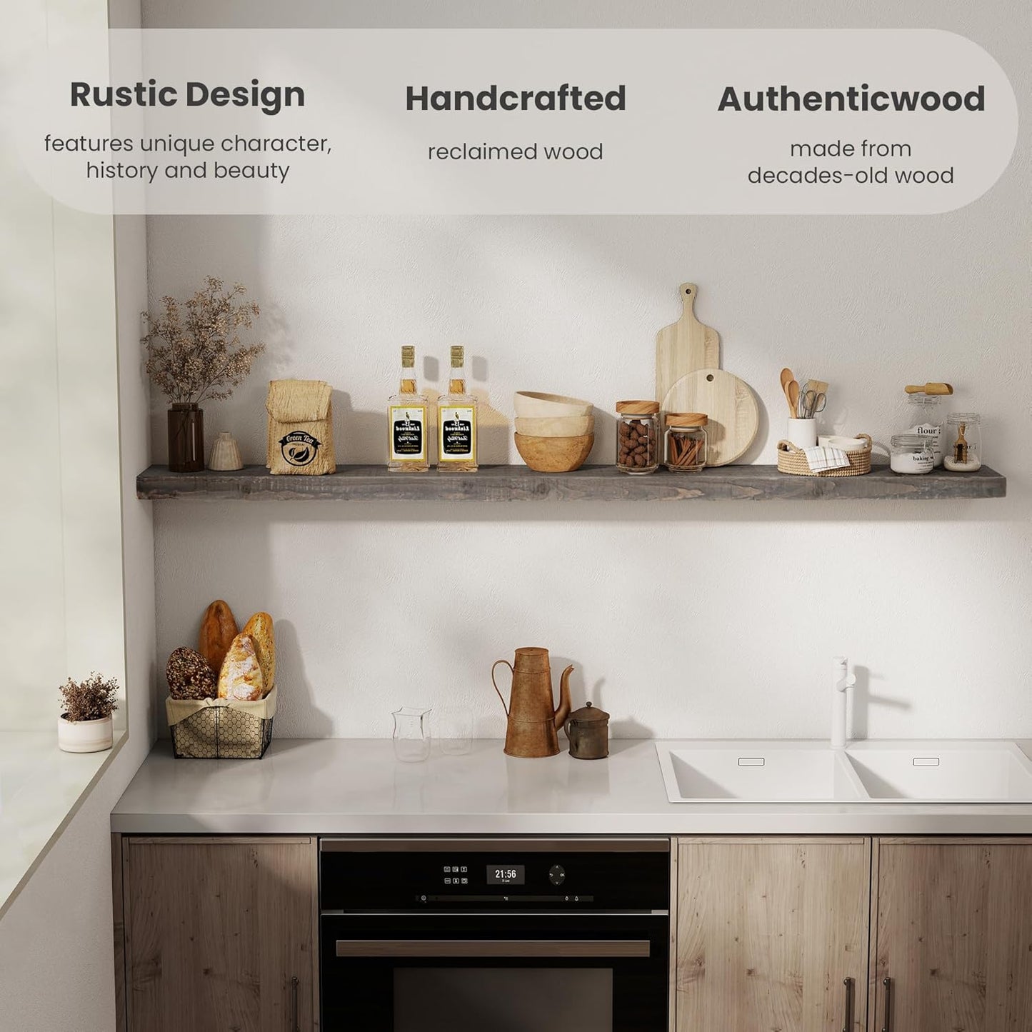 72 inch Floating Shelves for Wall, 8" Deep Rustic Reclaimed Barnwood Shelves, Floating Shelf Wall Hanging Shelves with Invisible Heavy-Duty Metal Bracket | Wall Mounted | Farmhouse Style, 1PC,Grey