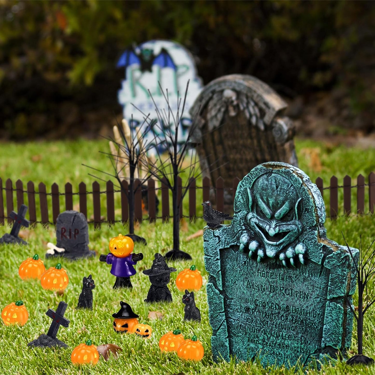 Wesiti 30 Pcs Halloween Village Accessories Set Miniature Halloween Figurines Village Trees Cat Pumpkin Tombstones Figurine Horror Miniature Accessories for Garden Decor