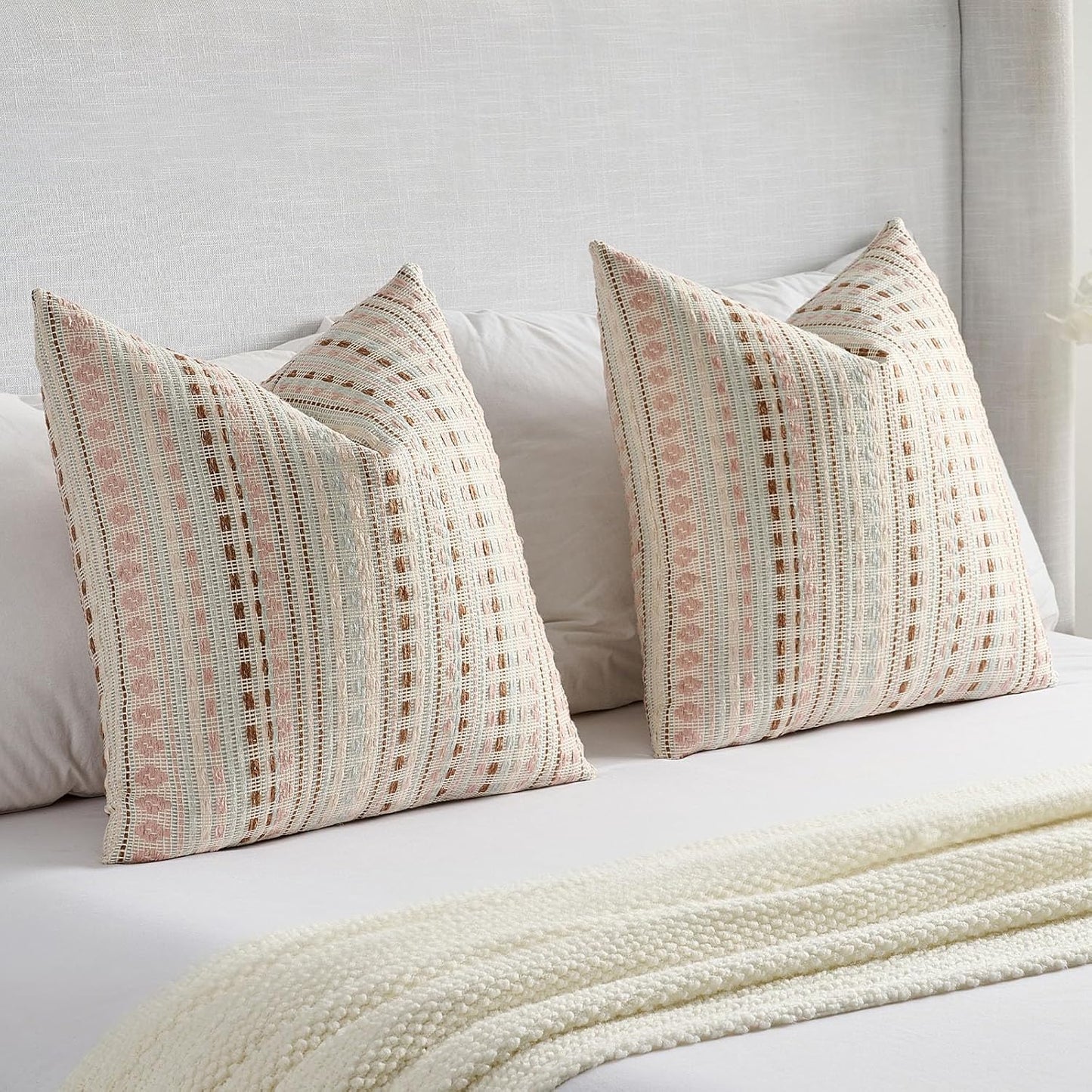 FUTEI Pink Blue Decorative Throw Pillow Covers 20x20 Inch Set of 2,Soft Cozy Chenille Jacquard Textured Cushion Case,Boho Home Decor for Couch Bed Living Room