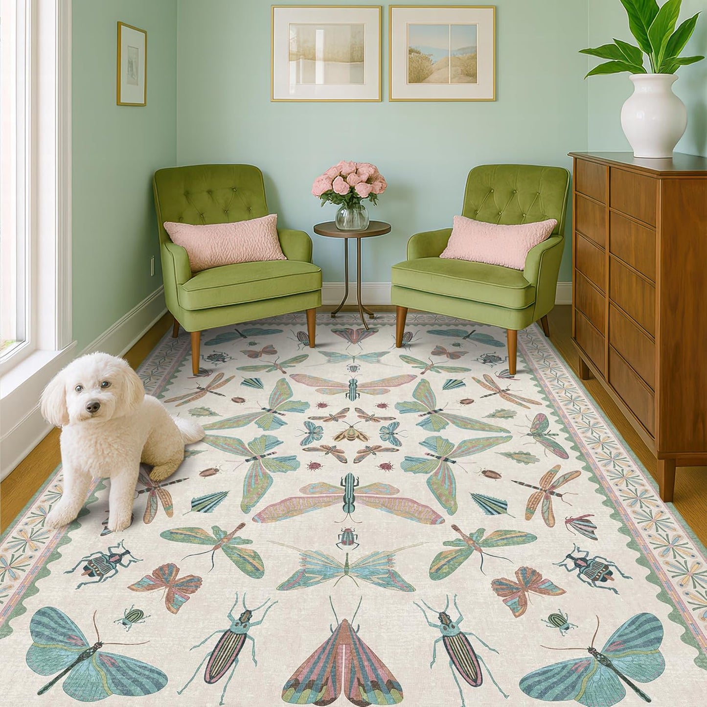 Green and Blue Nursery Rug 5x8 - Washable Soft Area Rugs for Bedroom Under Bed, Living Room, Vintage Floral Butterfly Fun Indoor Floor Decor