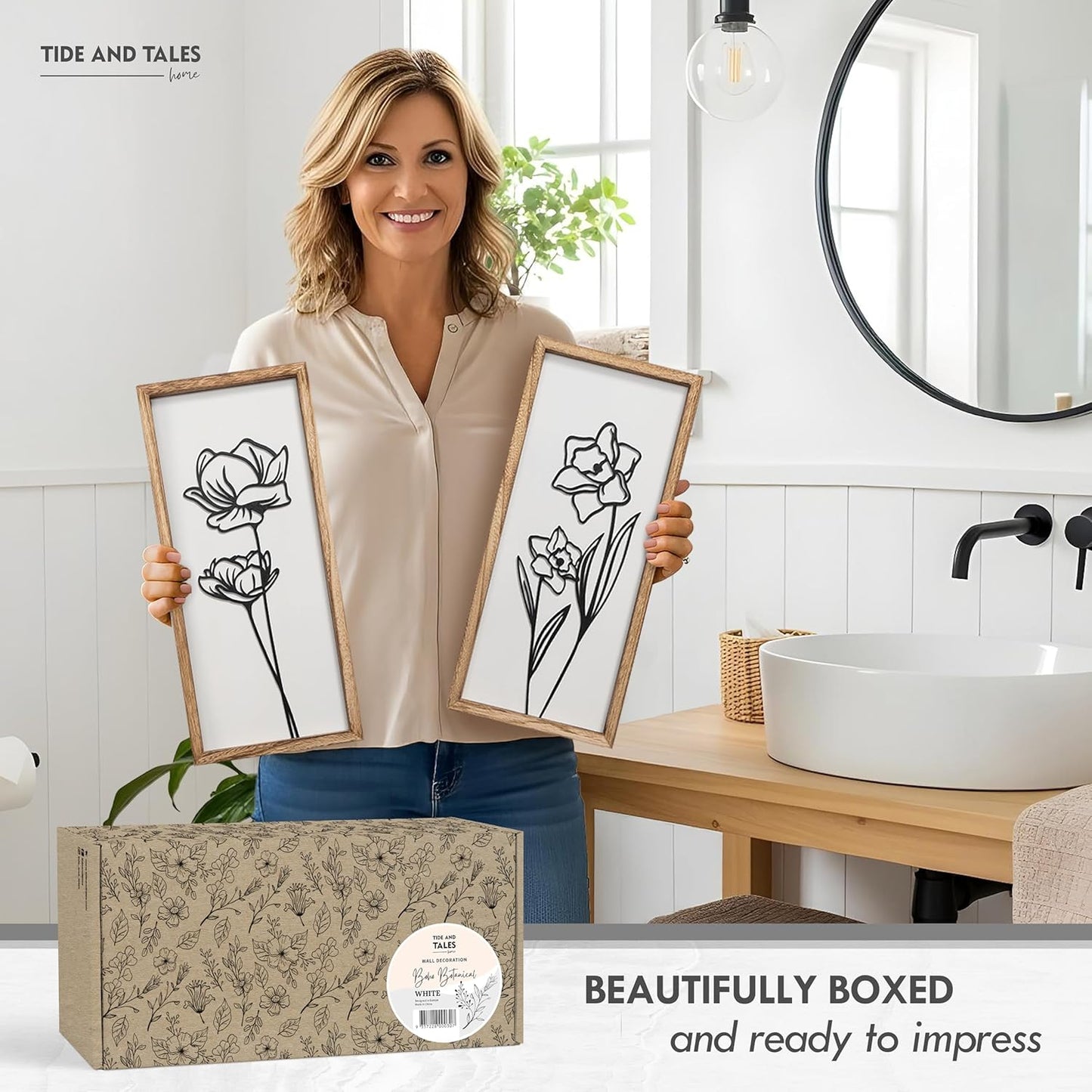 3D Black and White Wall Art (Set of 2) Lightweight, Wooden Ready-to-Hang Framed Floral Wall Art for Bathroom, Bedroom, Living Room or Office – Boho Botanical Farmhouse Decor – Gift-Boxed