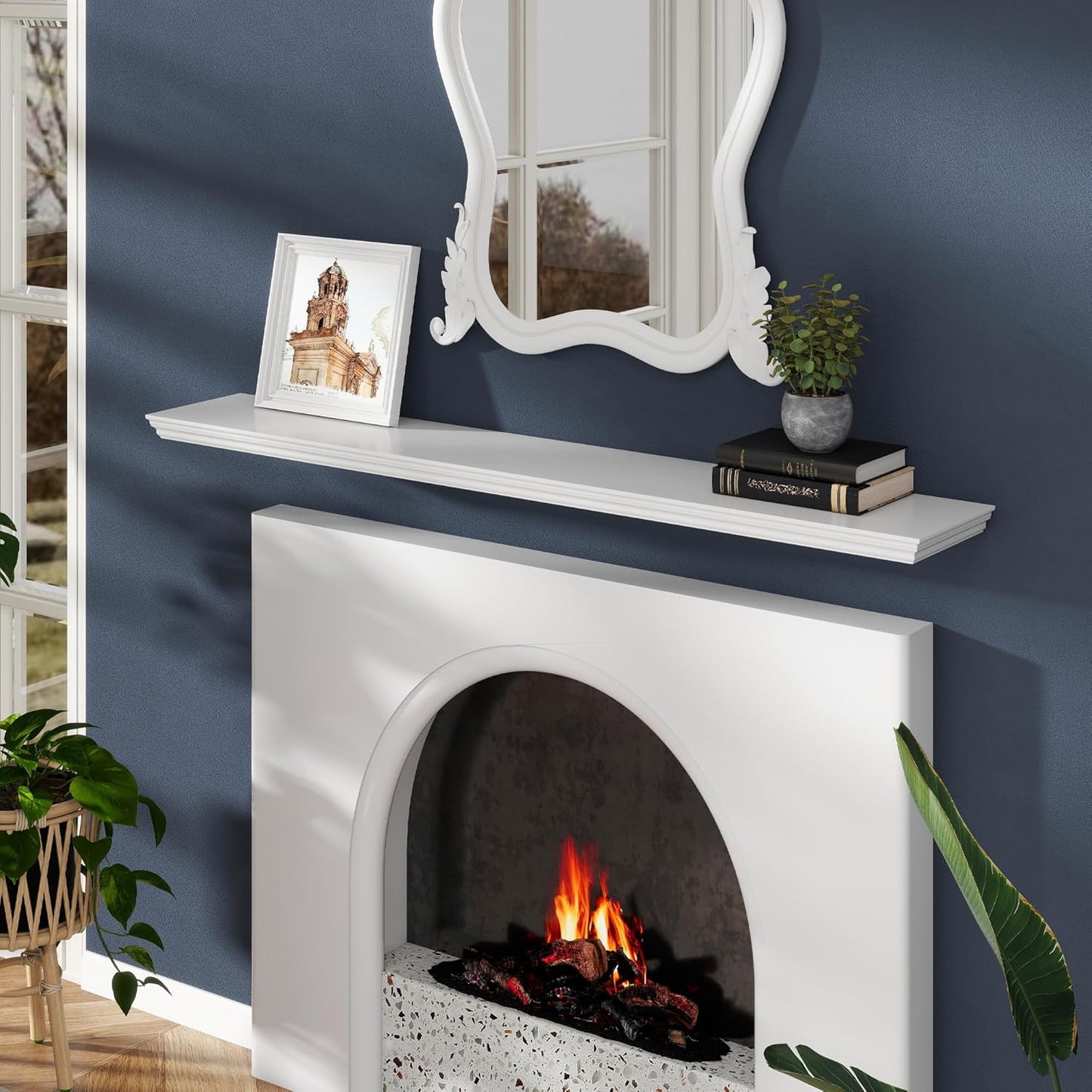 Floating Shelves for Wall, 55 Inch Long Wall Mounted White Hanging Shelf for Kitchen, Living Room, Office, Bedroom, Bathroom, Retro Vintage Wood Bookshelf for House Decor