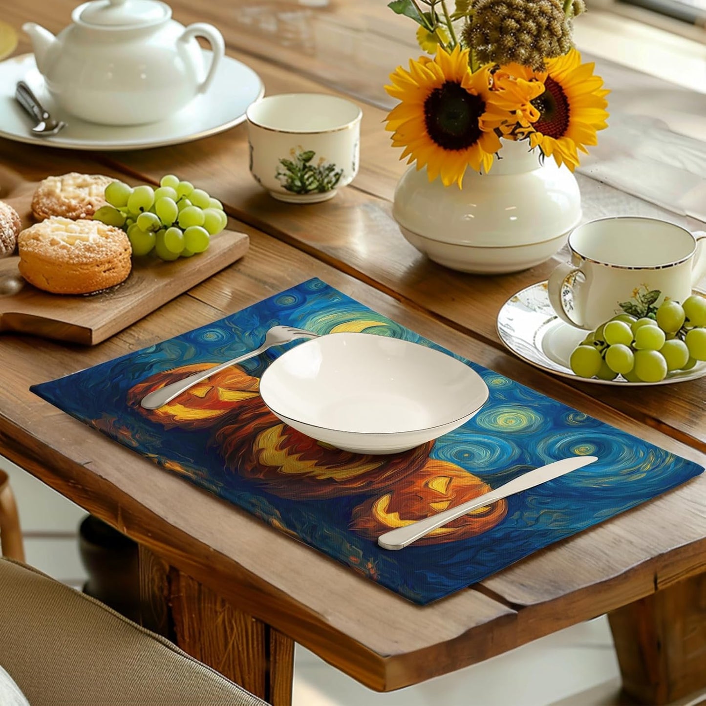 Halloween Placemats Set of 4 Pumpkin Vincent Van Gogh Starry Night Art Linen Table Mats 12x18 Inch Jack O Lantern Farmhouse Place Mats for Party Kitchen Dining Outdoor Indoor Decor