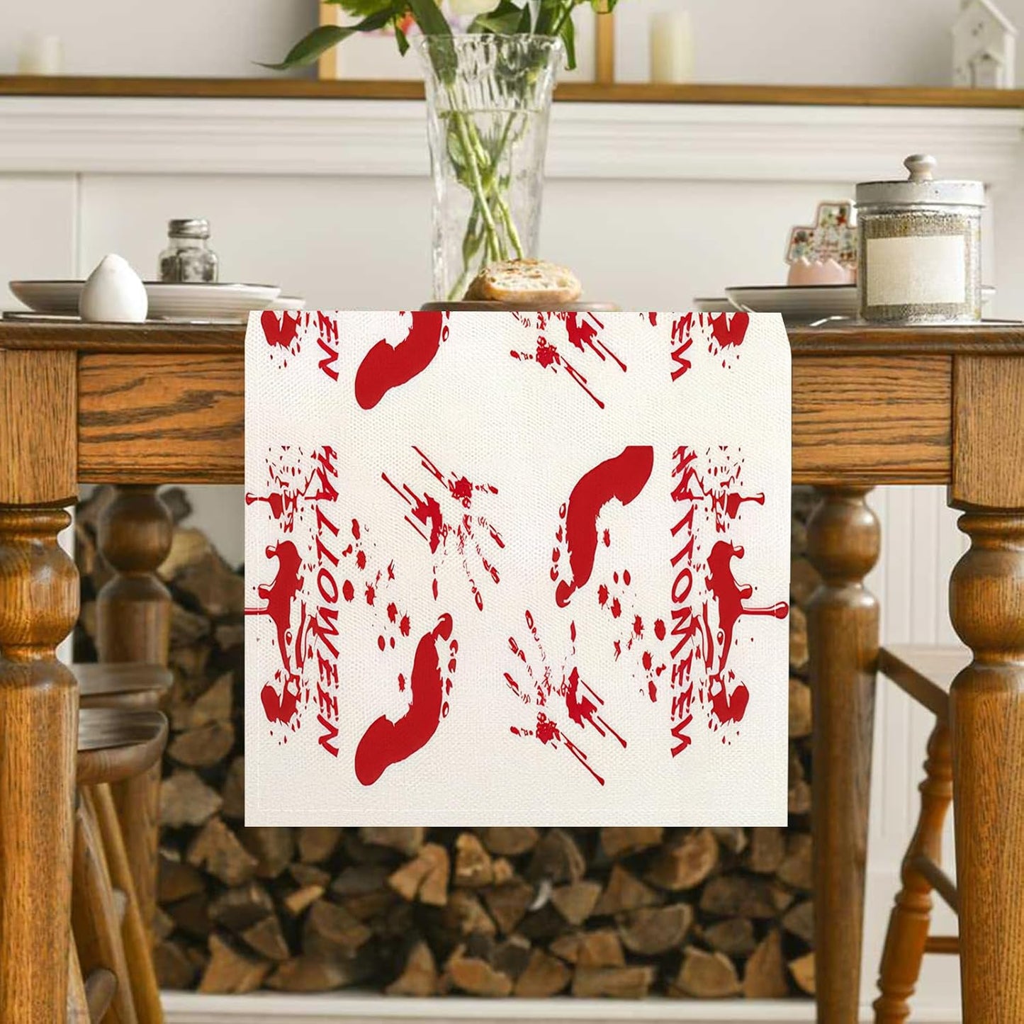 Halloween Table Runner 13 x 36 Inch, Linen Table Runner, Kitchen Dining Table Decorations, Halloween Table Decorations, Terrifying Red Blood Footprints Table Runner for Home Room Party Decor