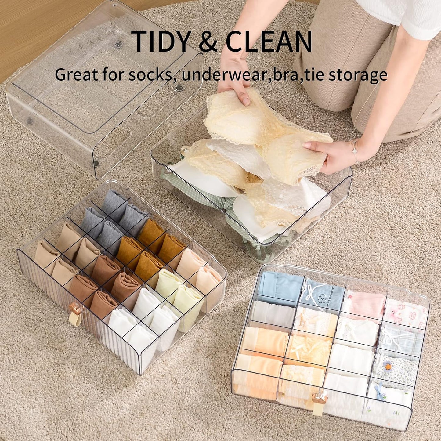 Socks Underwear Drawer Organizer Dividers, 16 Cell Stackable Closet Organizer, Plastic Underwear Drawer Storage for Clothing, Baby Clothes, Bra, Ties, Belts