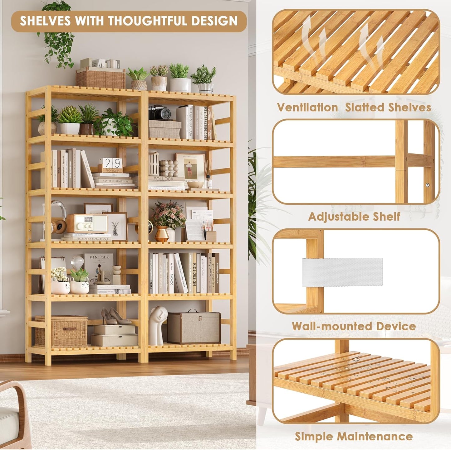 FOTOSOK 6-Tier Bamboo Shelf, Bamboo Bookcase with Adjustable Shelves, Free Standing Storage Shelf Unit, Plant Flower Stand for Kitchen, Bathroom, Home Office, Natural