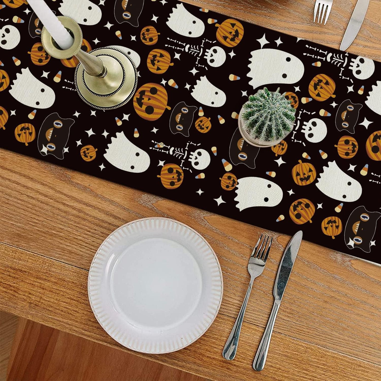 GAGEC Halloween Table Runner Black Cat Pumpkins Seasonal Kitchen Dining Table Home Outdoor Party Decorations (13'' x 36'')