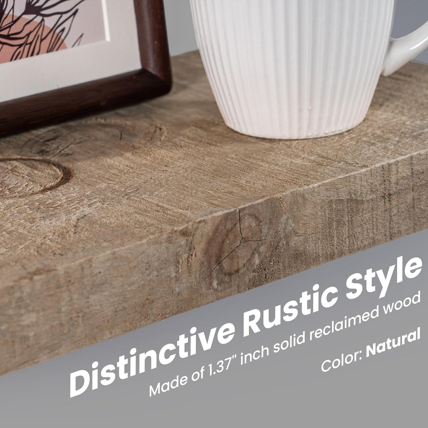 Floating Shelves | 8" Deep Rustic Reclaimed Barnwood Wall Hanging Shelves with Invisible Heavy-Duty Metal Bracket | Wall Mounted | Farmhouse Style | 36 inches, 2 PCs, Distressed Natural