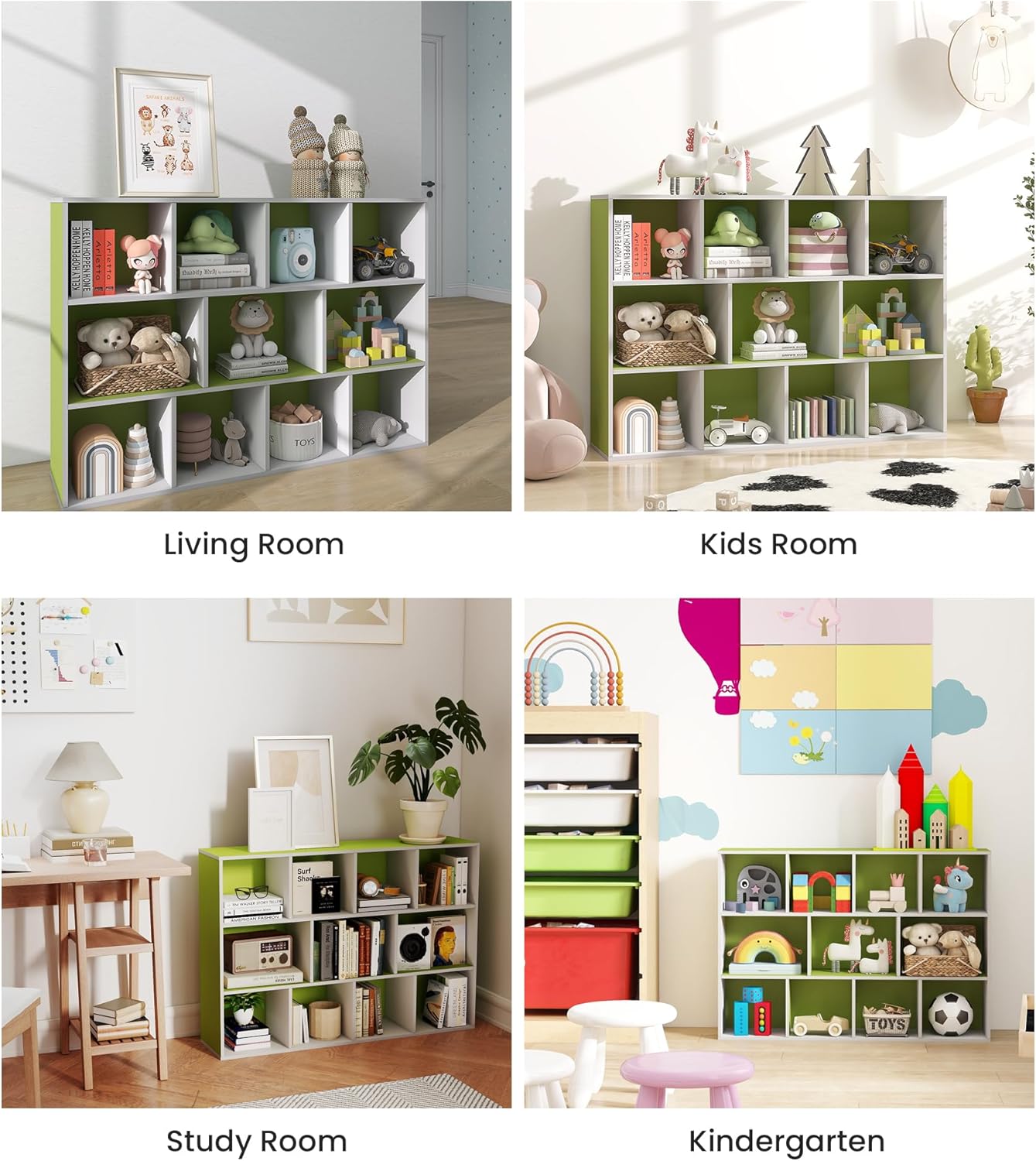 11 Cube Small Kids Bookshelf & Toy Organizer – Wooden Cube Bookcase for Playroom Organization and Storage, Book Storage for Kids Room, Baby Bookshelf for Nursery, Green/White