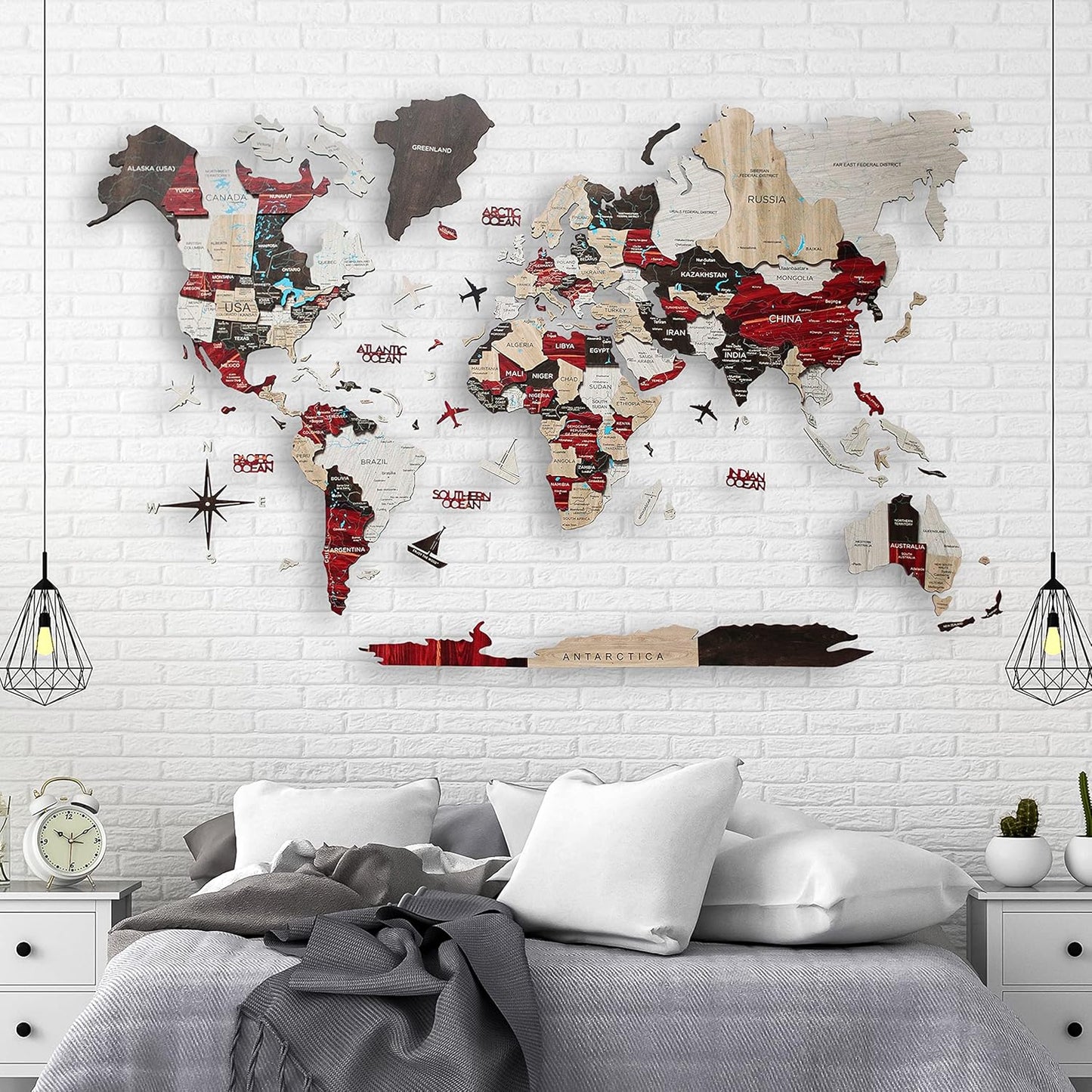 Handmade 3D Wood World Map Wall Art Large Wall Decor Track Your World Travels - Special For Home, Kitchen And Office (Large, Urban)