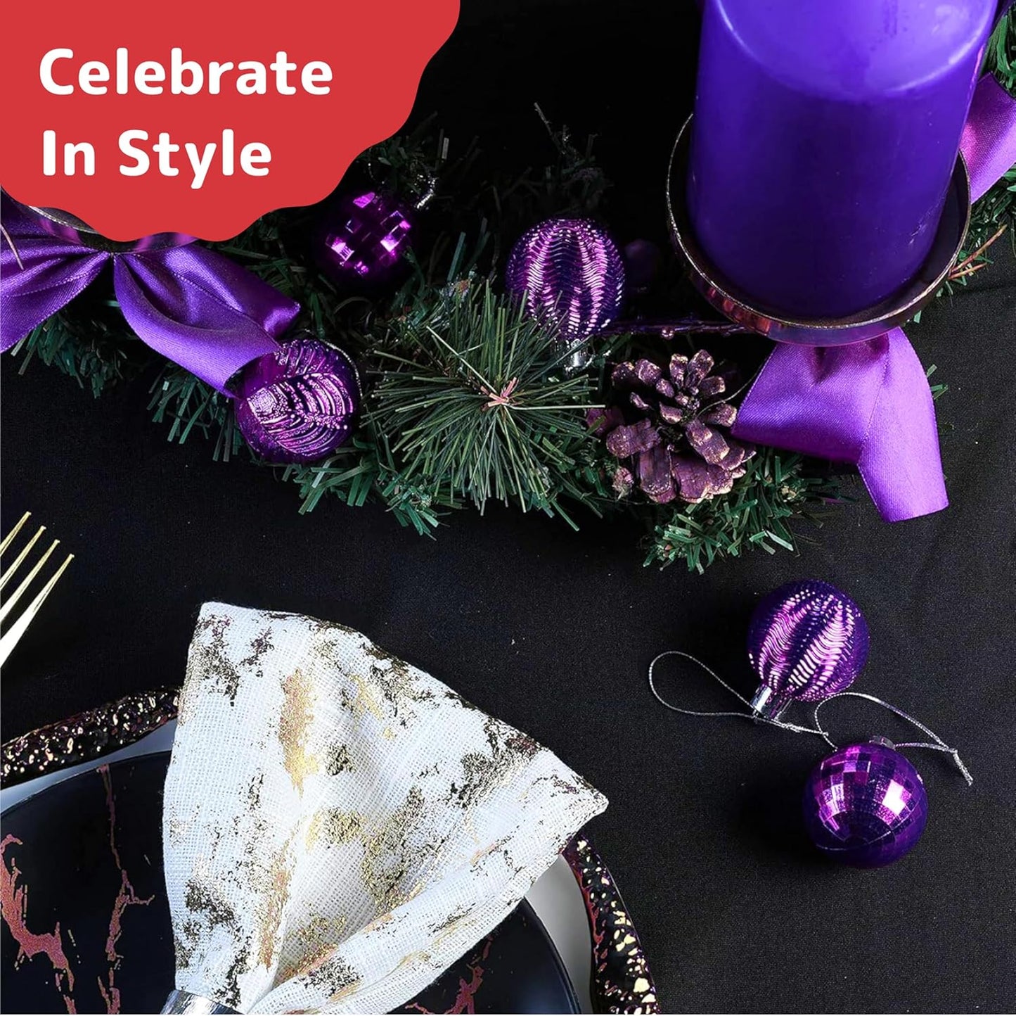 PREXTEX 36-Piece Purple Christmas Ornaments Set - Shatterproof Plum Colored Tree Balls - 6 Styles, 3 Sizes with Hanging Loops to Decorate Christmas Tree - Ideal for Indoor and Outdoor Holiday Decor